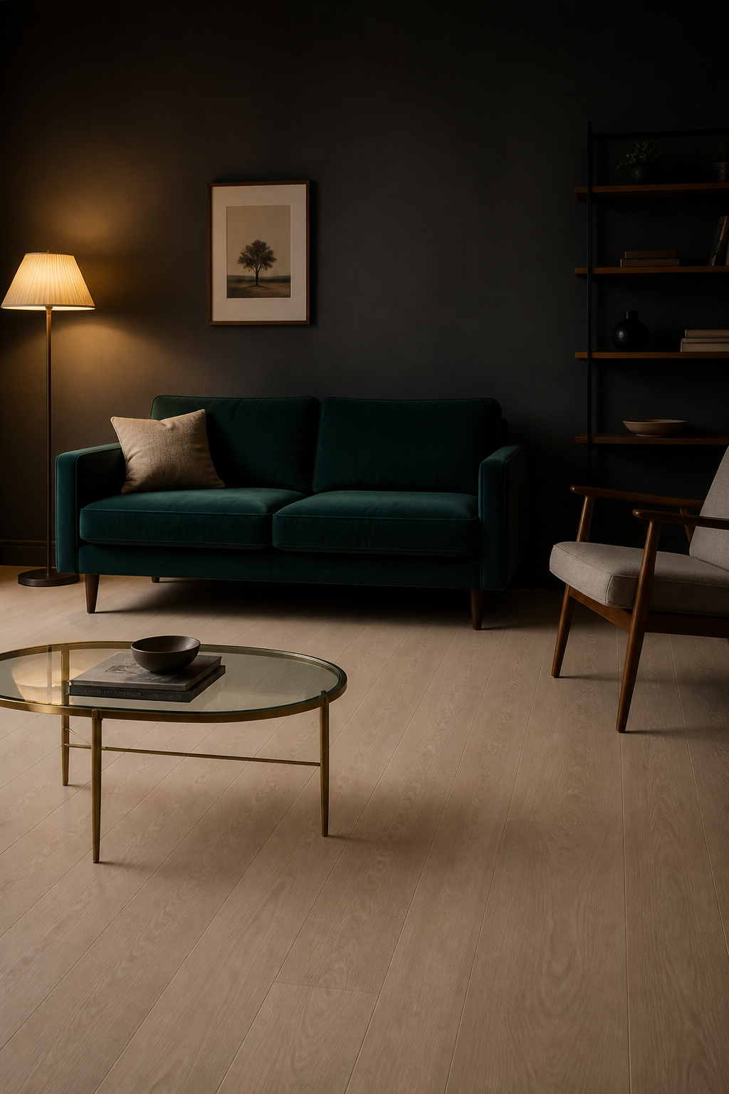 Small dark living room with teal velvet sofa on tapered walnut legs, glass coffee table and open-frame armchair — generous floor clearance under all furniture