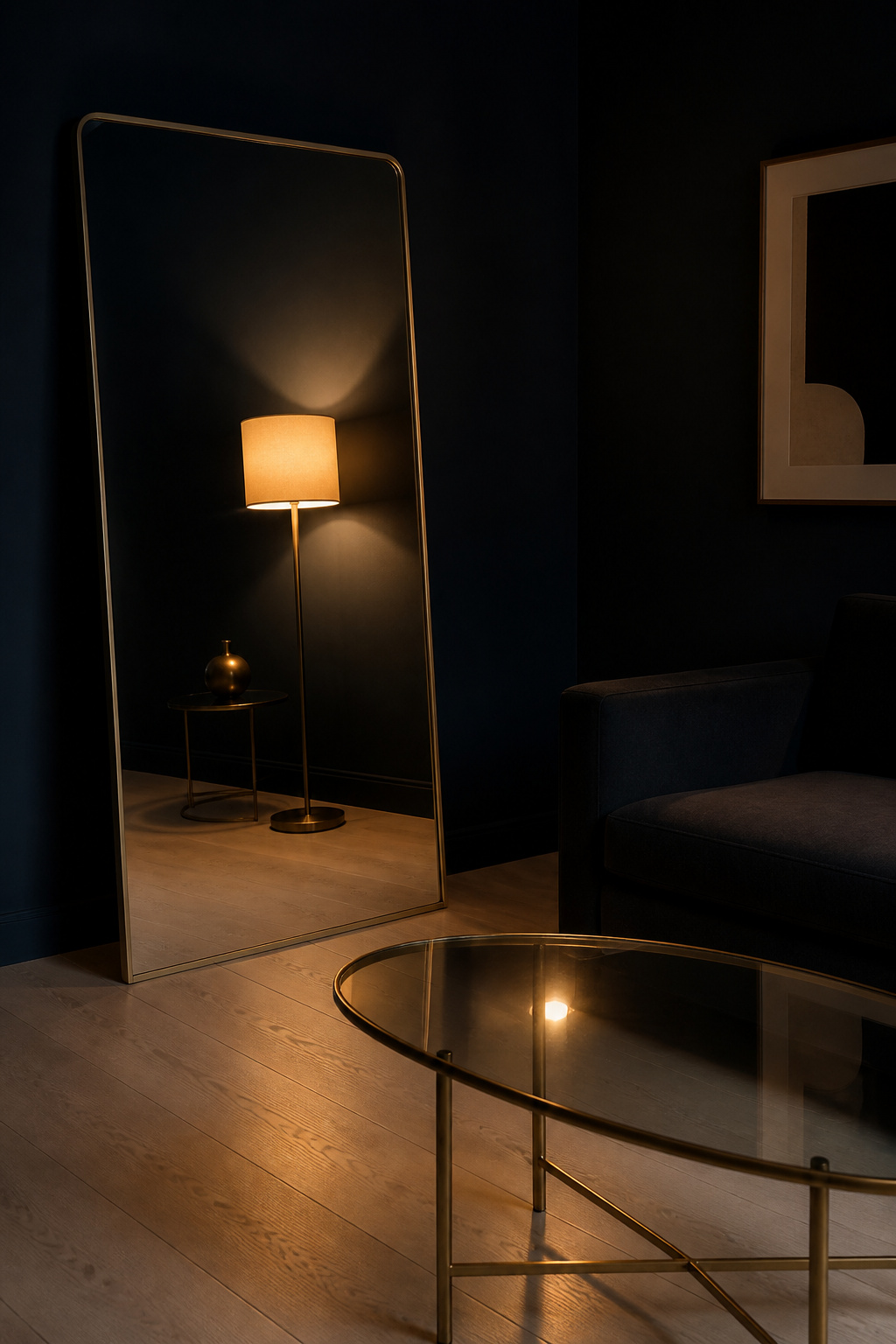 Small dark living room corner with navy matte walls — leaning mirror reflects floor lamp, glass coffee table bounces light upward, pale ash floor provides reflective floor plane