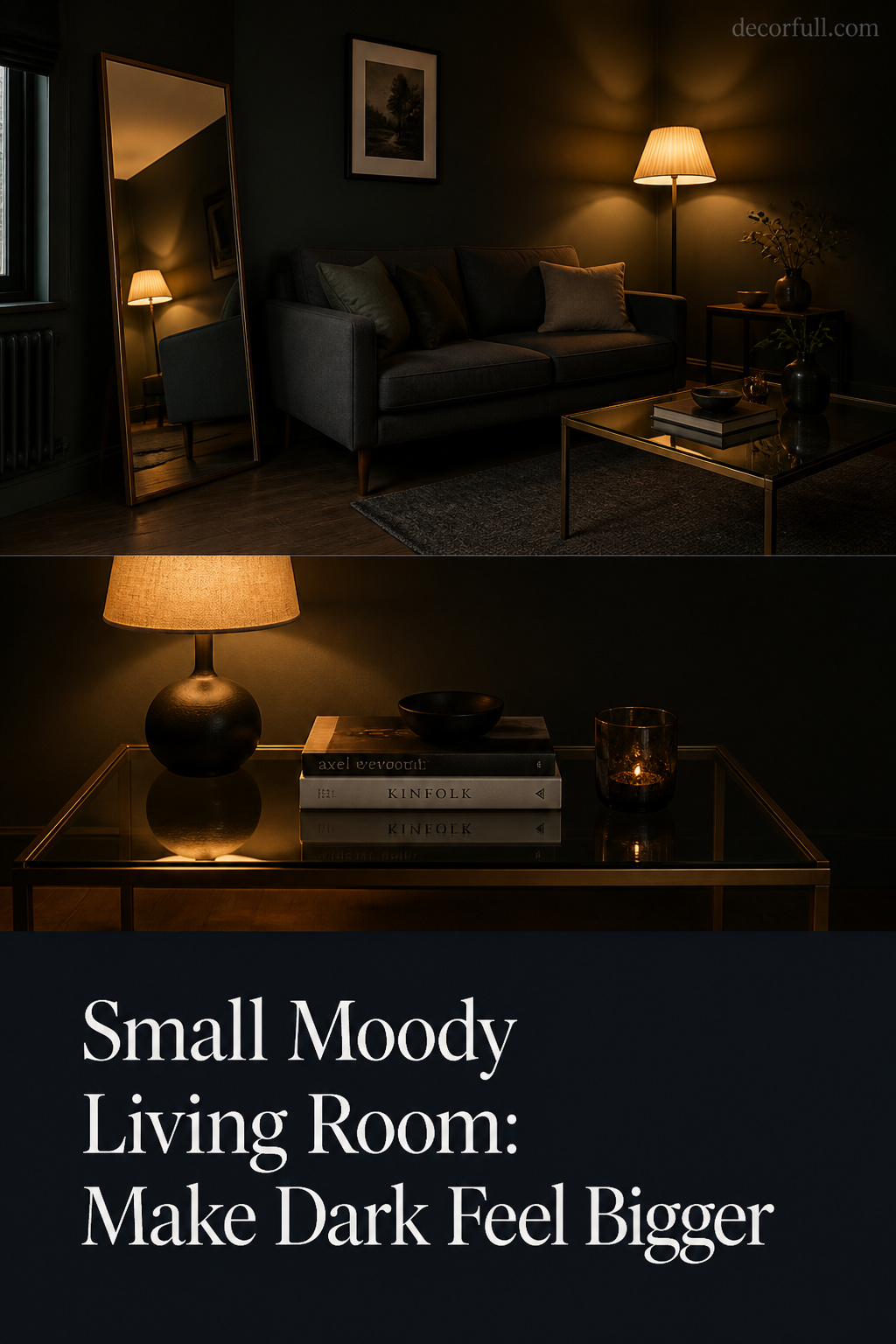 Pinterest collage — small moody living room tactics: dark green walls with leg furniture and mirror, glass coffee table bouncing warm lamp light, charcoal text overlay panel