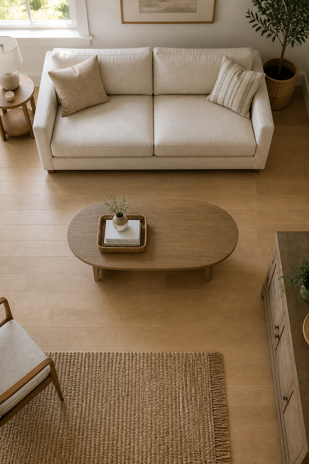 Overhead view of a small living room with a compact oval coffee table centred in front of a linen sofa, showing correct two-thirds proportion and 16-18 inch clearance gap