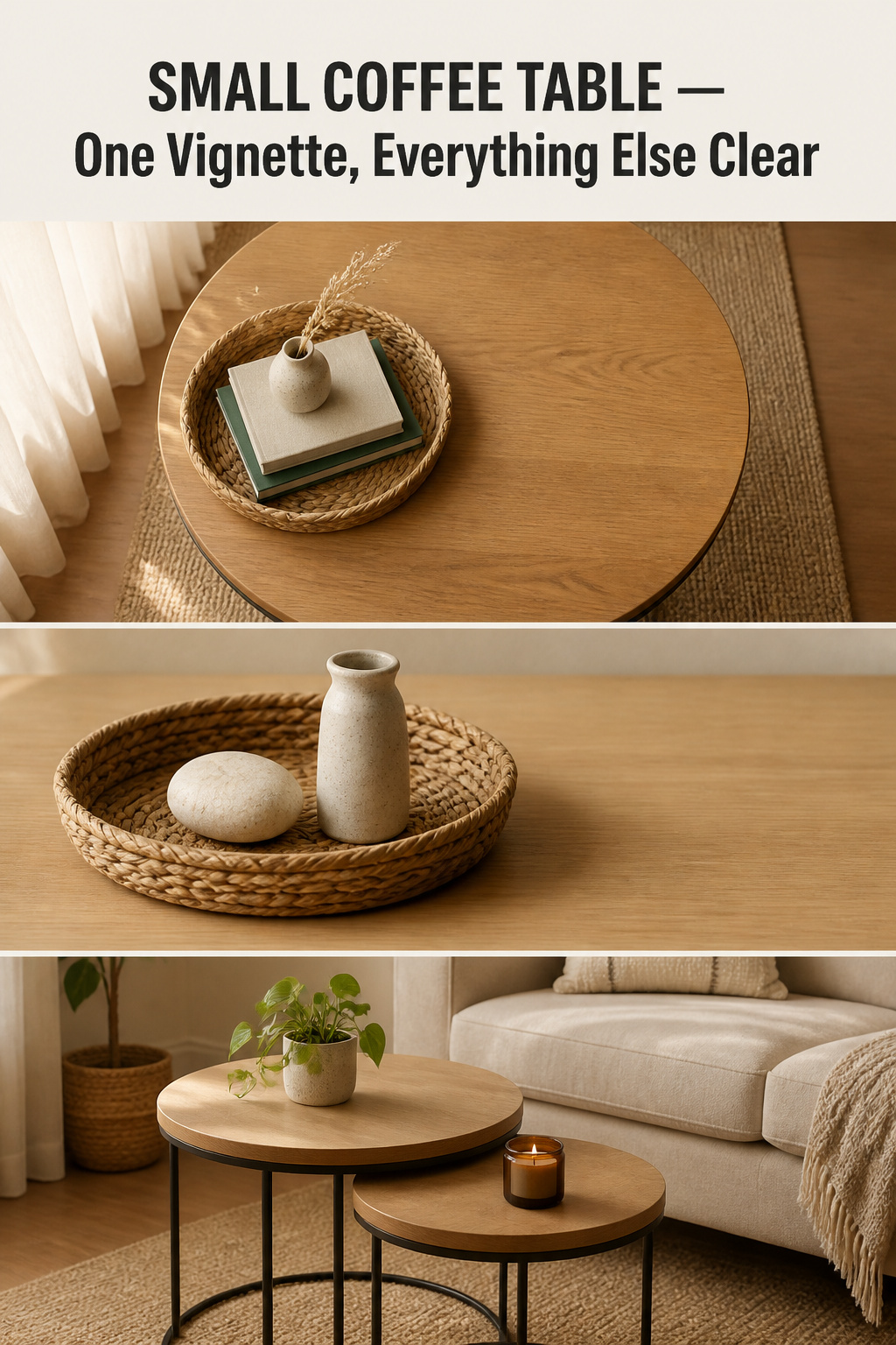 Pinterest collage showing three small living room coffee table decor approaches — overhead view of a round table with one tray vignette and clear surface, close-up of a 12-inch seagrass tray with stone and ceramic vessel, and a pair of nesting tables with single plant and candle — with headline 'Small Coffee Table: One Vignette, Everything Else Clear'