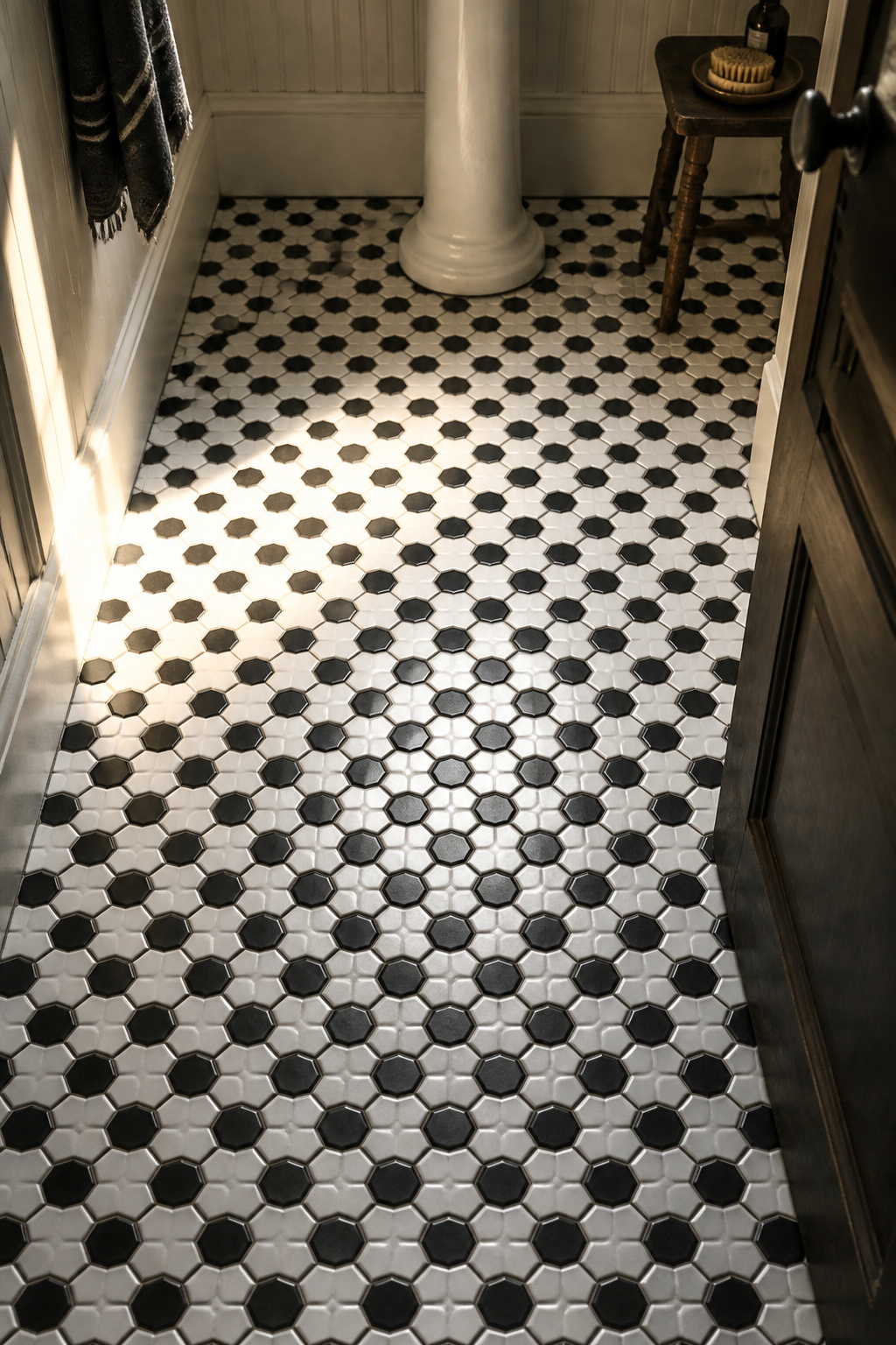 Small bathroom floor covered in diagonal black-and-white hex mosaic tile with white grout, slim pedestal sink column base visible above