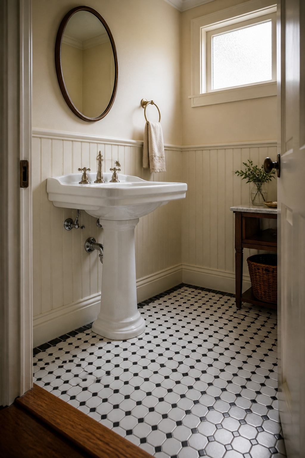 Small vintage bathroom with white pedestal sink, diagonal black-and-white hex floor tile, and cream beadboard wall