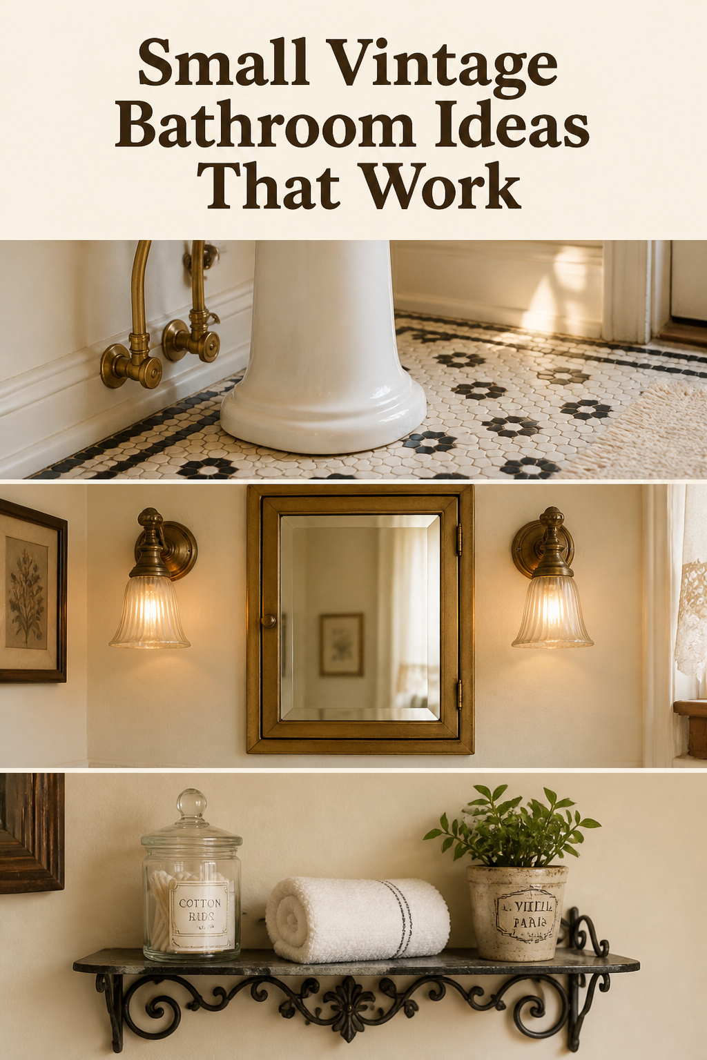 Three-panel Pinterest collage: pedestal sink on diagonal hex tile, recessed vintage medicine cabinet with brass frame, and iron wall shelf with apothecary jar