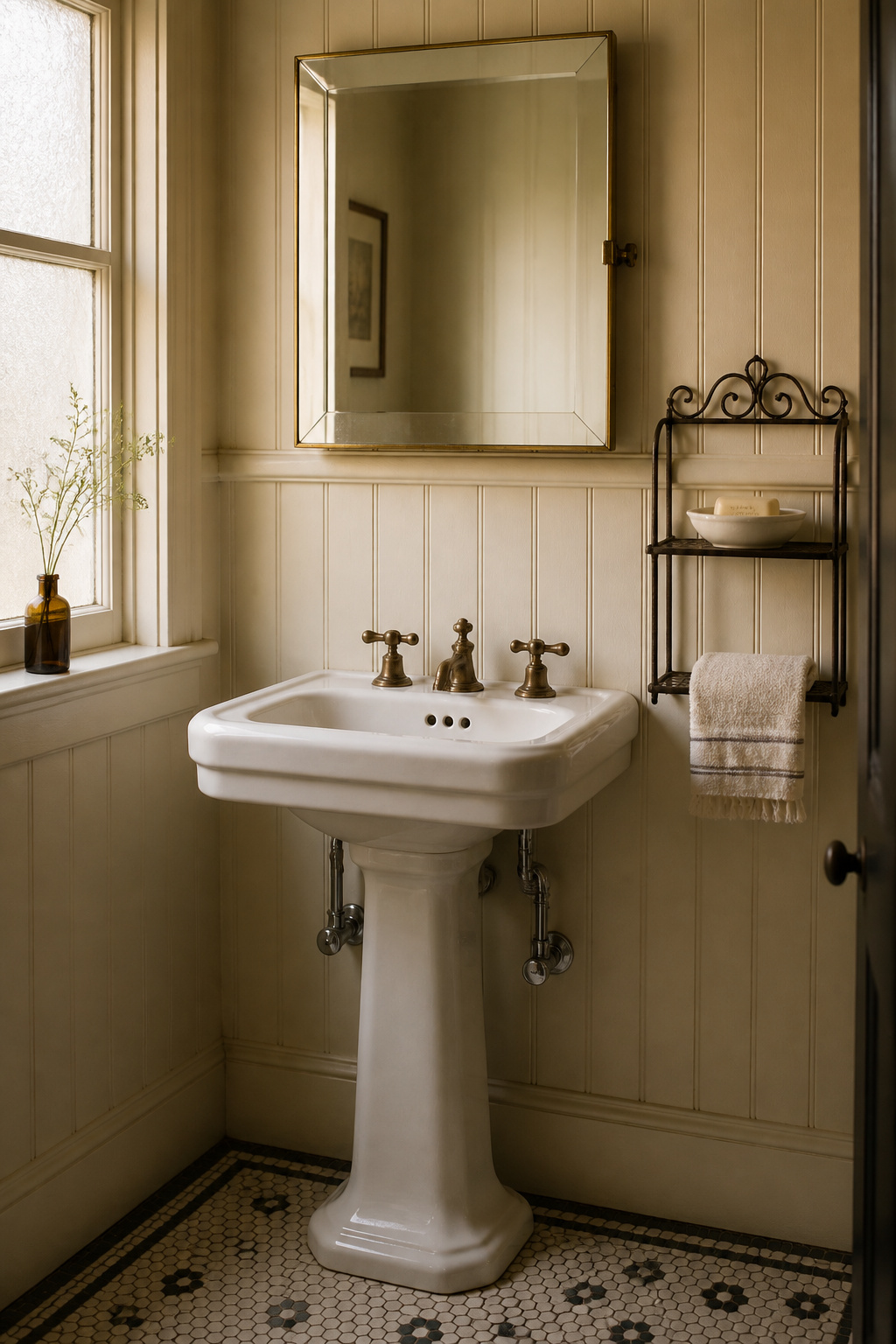 White pedestal sink with aged brass cross-handle faucets, beveled medicine cabinet above, and small iron shelf to the right on a beadboard wall