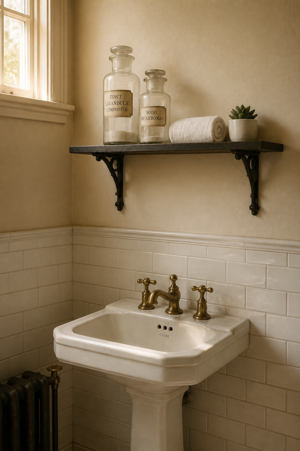 High iron-bracket wall shelf with apothecary glass jars, rolled linen towel, and small plant above a white pedestal sink in a small vintage bathroom