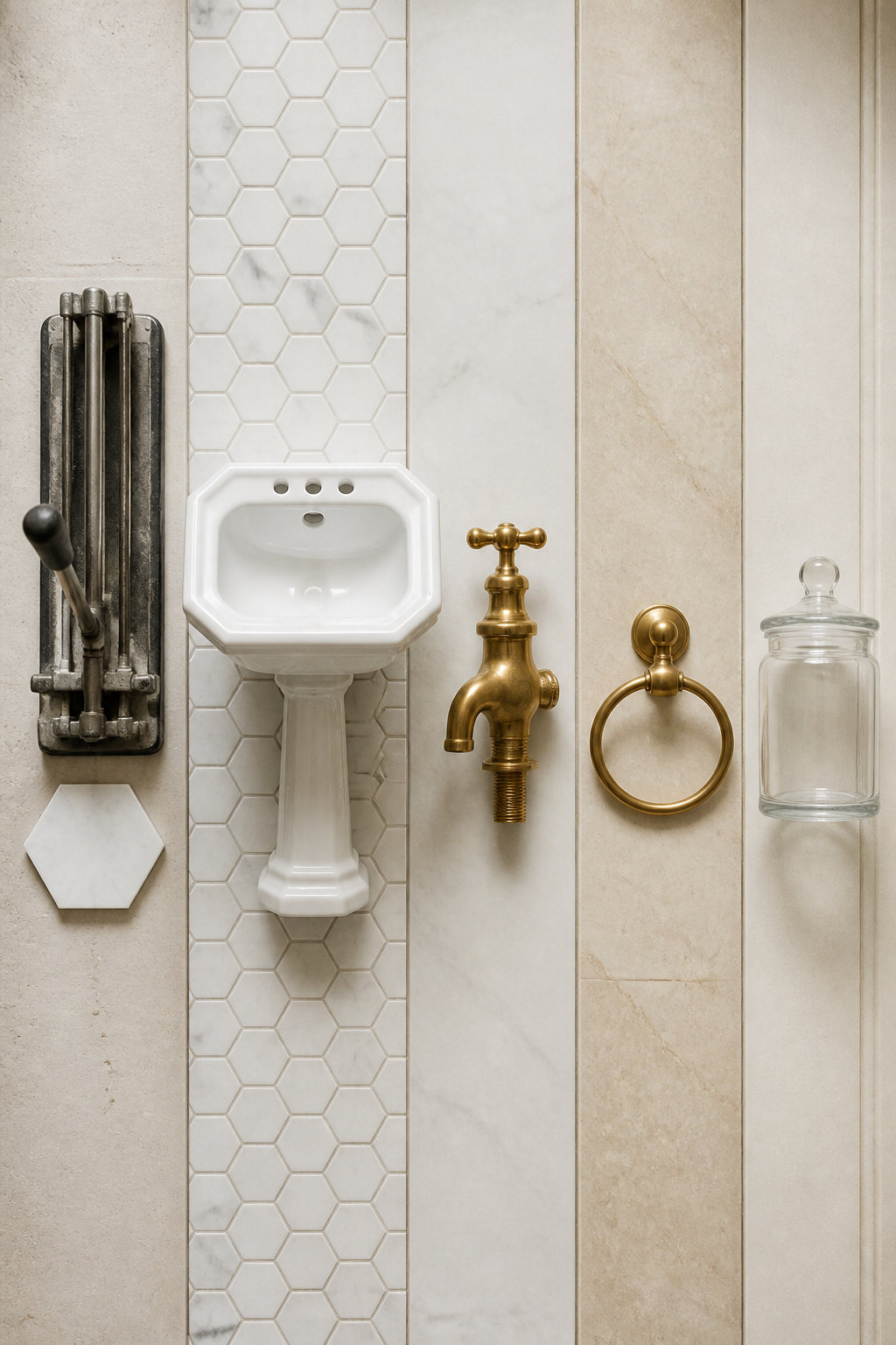Flat-lay of small vintage bathroom remodel sequence items: diagonal tile, pedestal sink basin, brass faucet, towel ring, and apothecary jar