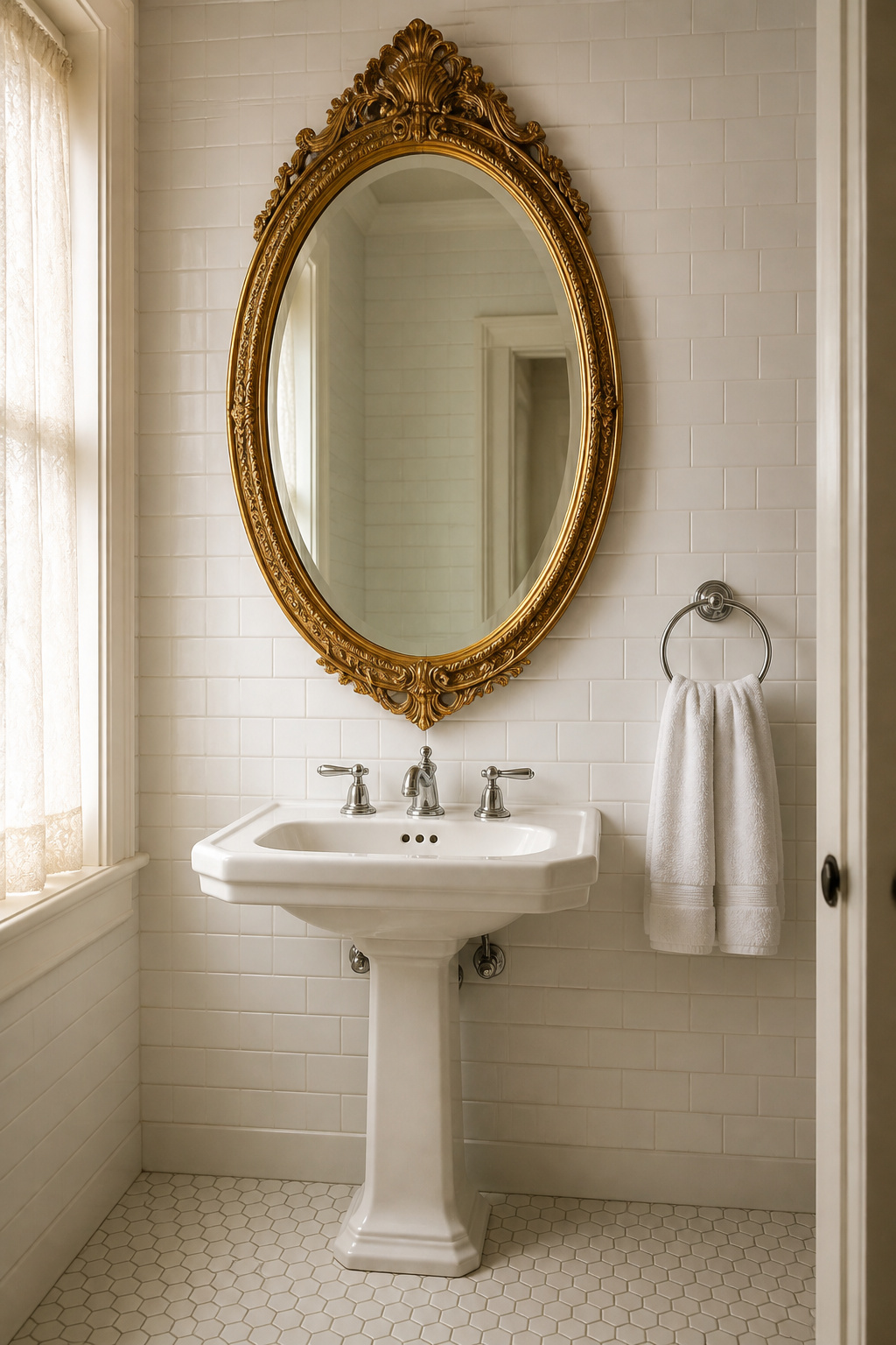 Large ornate gilded oval mirror as the single vintage focal point above a white pedestal sink in a small all-white bathroom