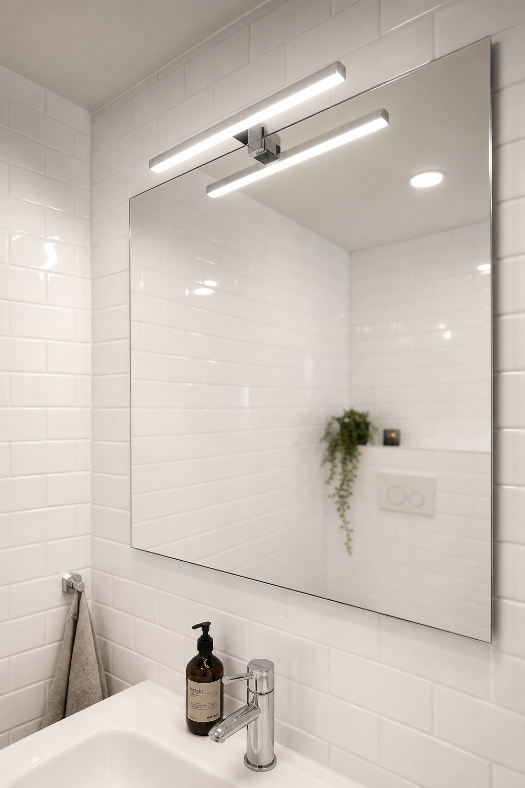 Small windowless bathroom with white glossy subway tiles large frameless mirror and compact LED vanity bar creating bright airy feel through layered light and reflective surfaces