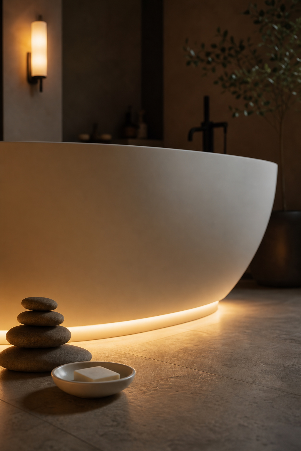 Freestanding soaking tub with concealed LED plinth lighting on floor and damp-rated wall sconce providing low side light