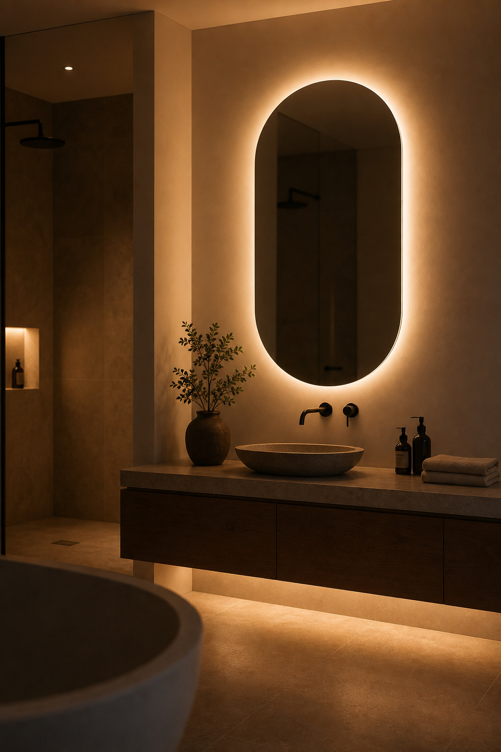 Spa-style bathroom at evening mood with backlit mirror warm halo glow dimmed overhead ambient and LED strip under floating vanity creating warm floor accent