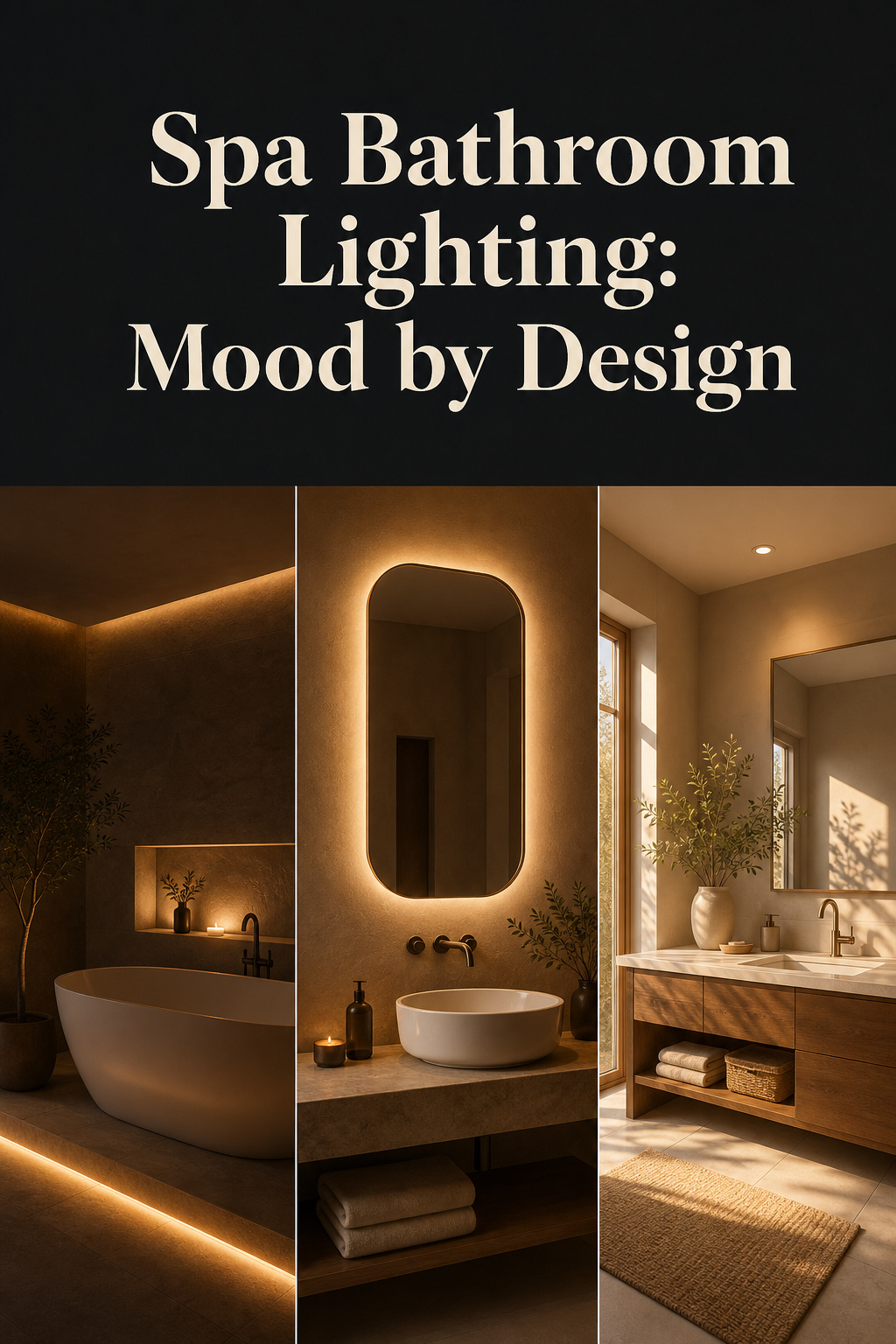 Three panels showing spa bathroom lighting modes: tub zone accent light, backlit mirror halo, and warm morning vanity light