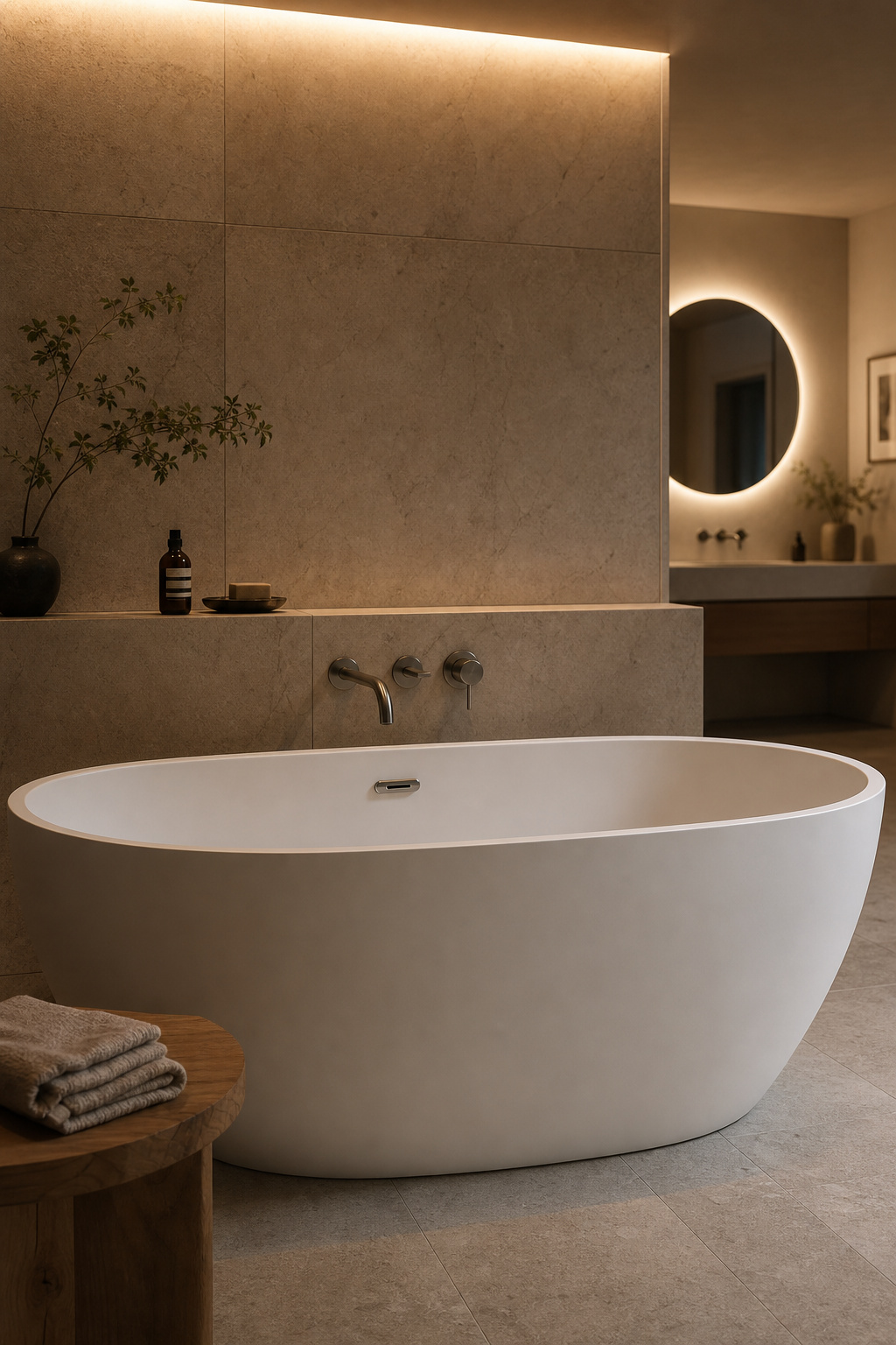 A freestanding soaking tub in a spa bathroom with warm LED backlit mirror and dim ambient cove lighting
