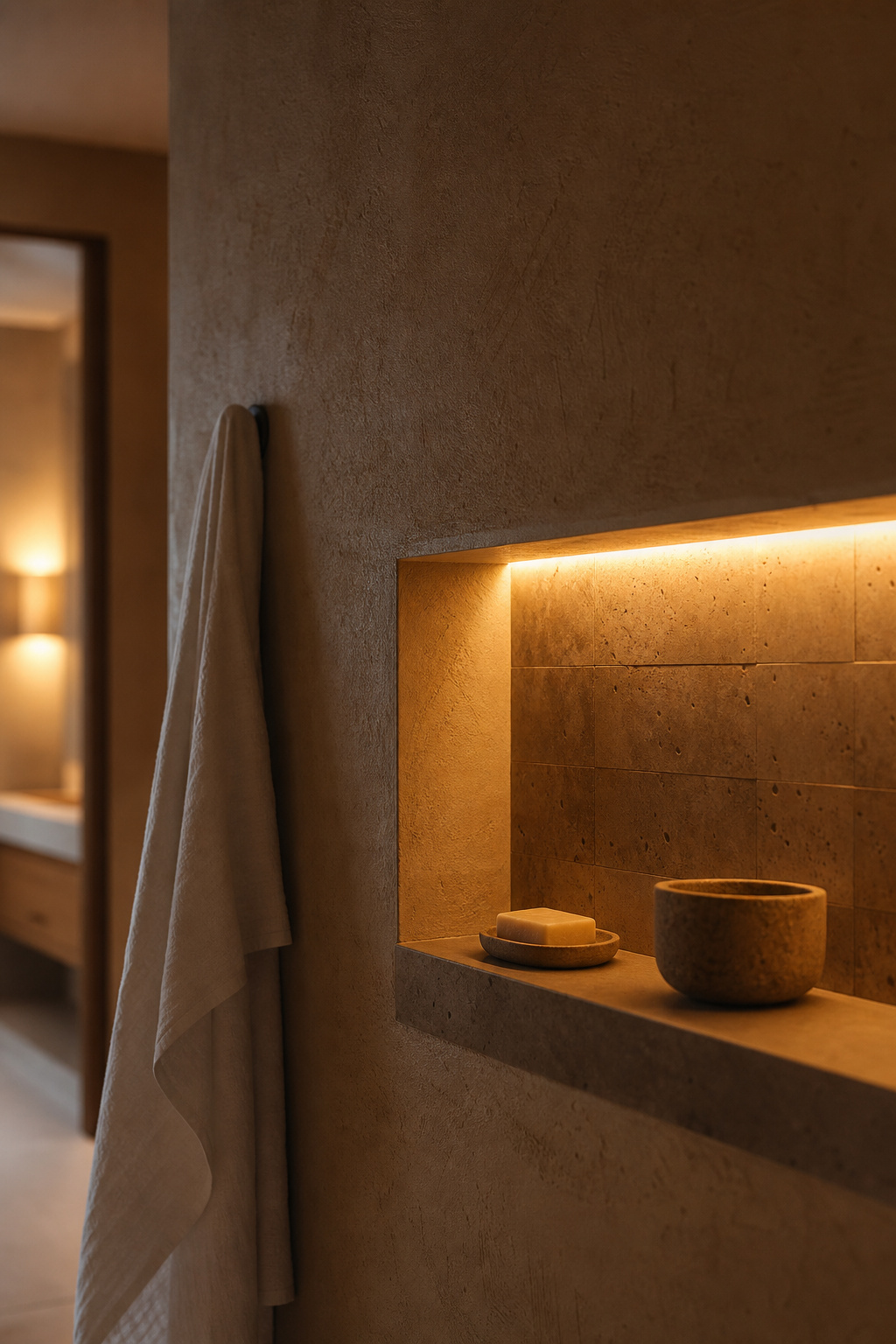 Dimly lit spa bathroom corner with warm amber LED cove lighting on textured plaster walls
