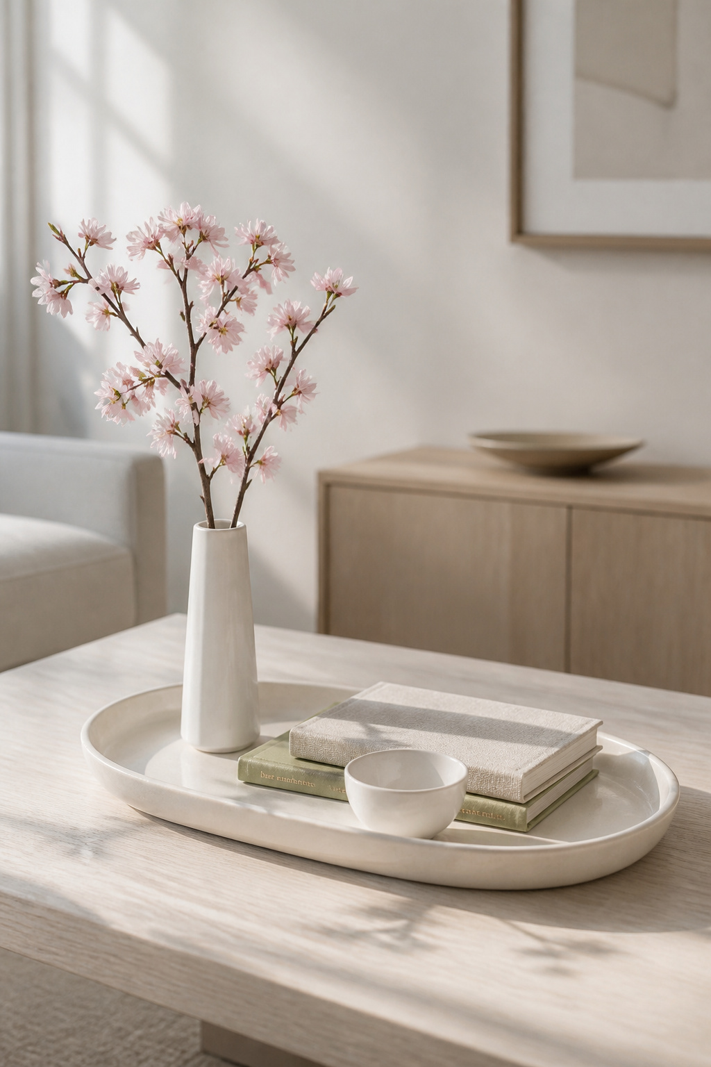 A pale ceramic tray on an ash coffee table with cherry blossom stems in a white vase and pale-covered books — a light, minimal spring coffee table decor arrangement