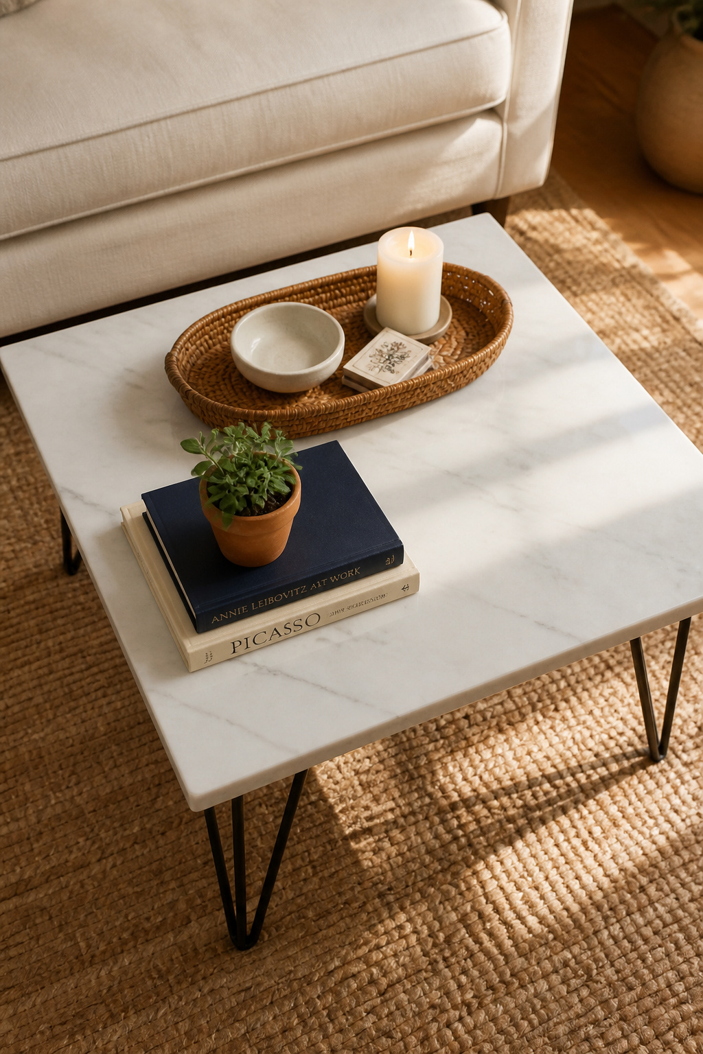 Square marble coffee table with three activated quadrants — rattan tray, stacked books with succulent, and one deliberately open zone