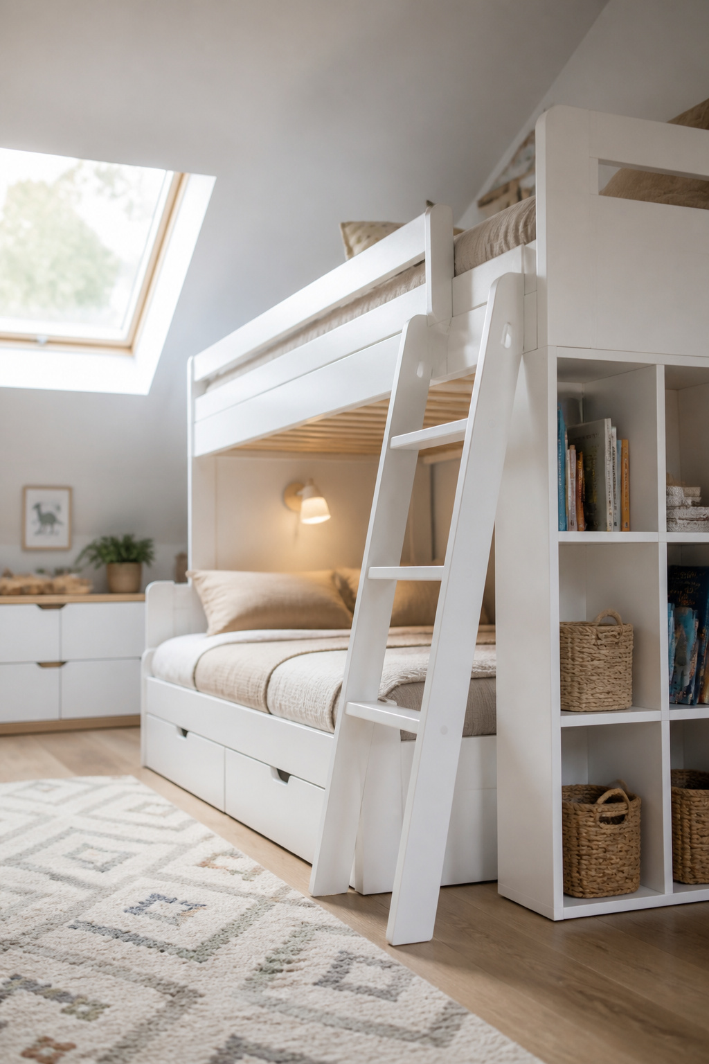 White convertible bunk bed with modular cube shelves under a sloped white-painted attic ceiling, with a roof window providing natural light