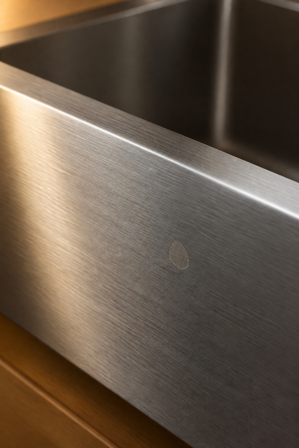 Close-up of brushed stainless steel farmhouse sink surface showing fine grain lines and how light plays across the satin finish