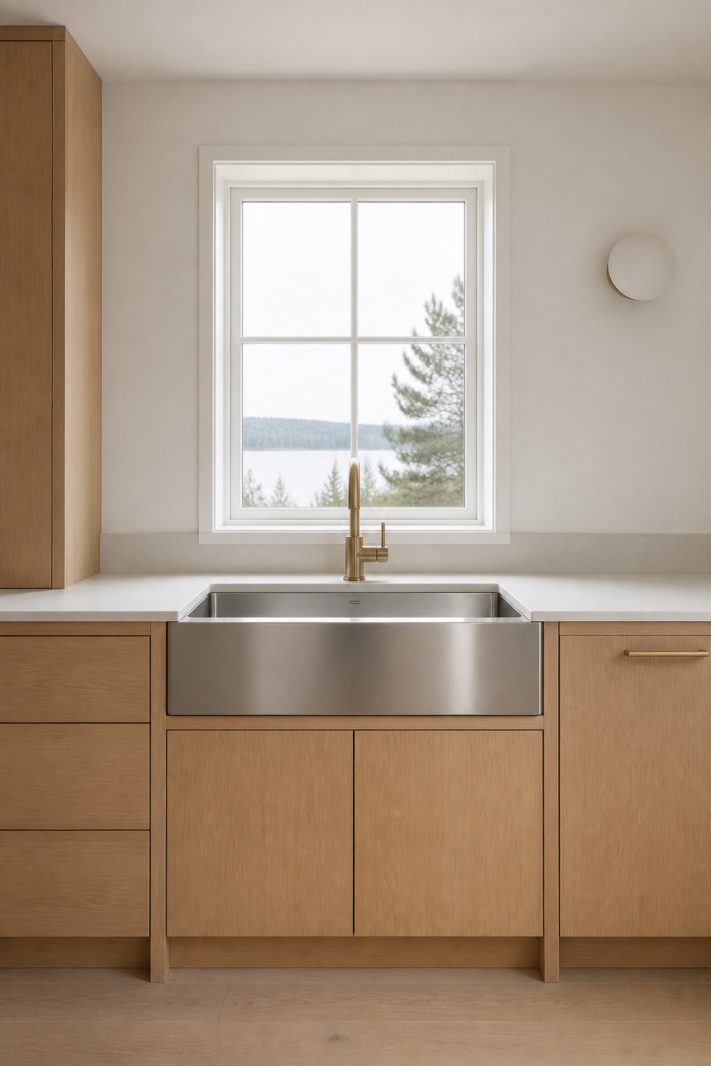Stainless steel farmhouse sink in a spare Scandinavian kitchen with oak cabinetry and natural window light
