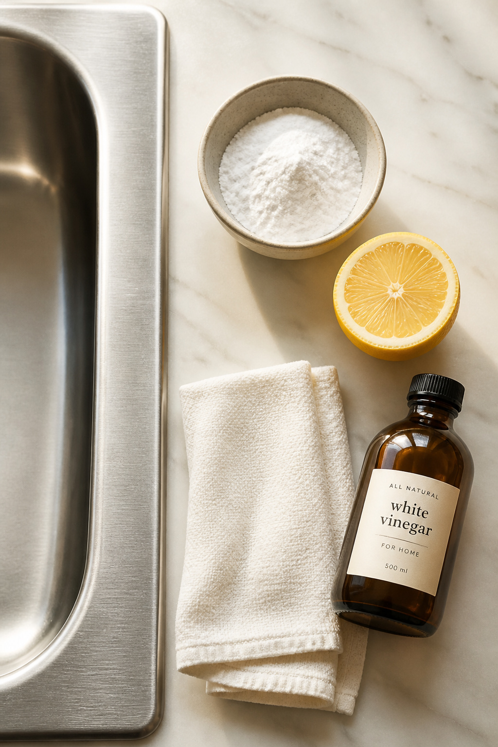 Natural cleaning supplies for stainless steel sink care — baking soda, white vinegar, and soft cloth laid out beside a brushed stainless sink rim