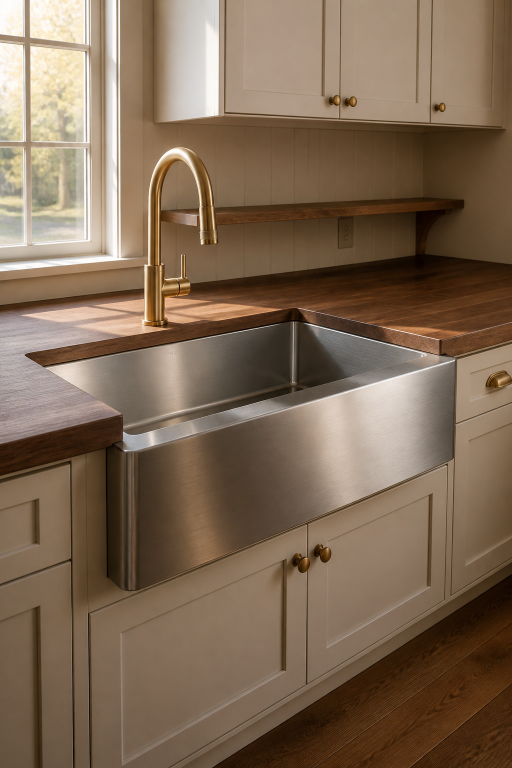 Brushed stainless steel farmhouse sink with flat apron front set into walnut butcher-block countertop in a warm modern farmhouse kitchen