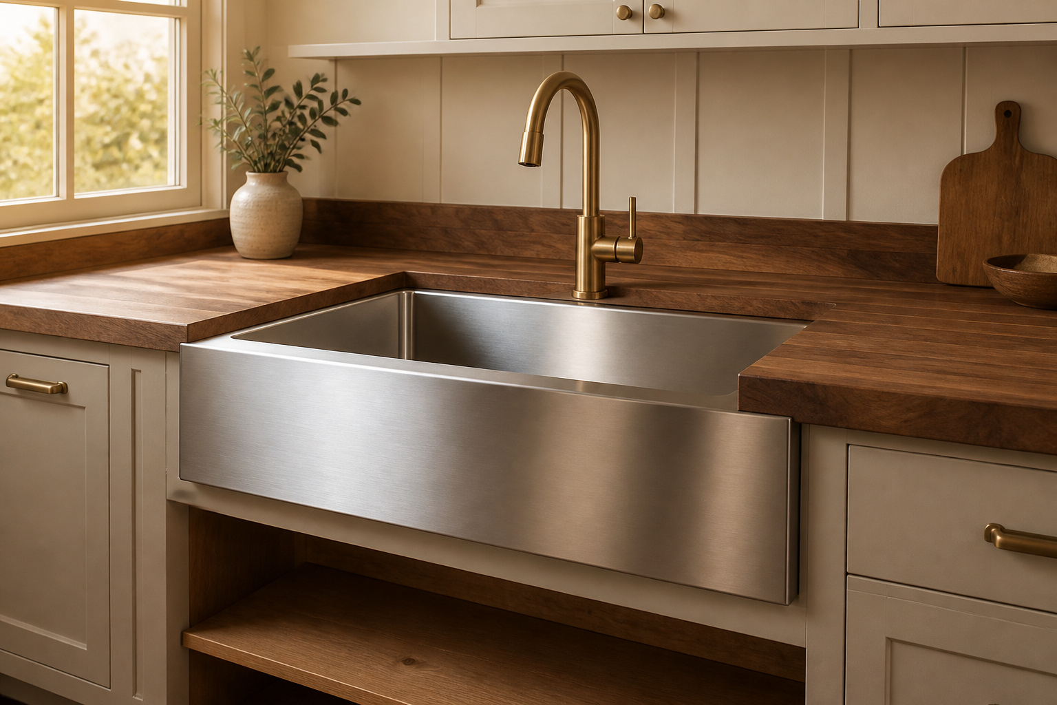 Brushed stainless steel farmhouse sink with flat apron front set into walnut butcher-block countertop in a warm modern farmhouse kitchen