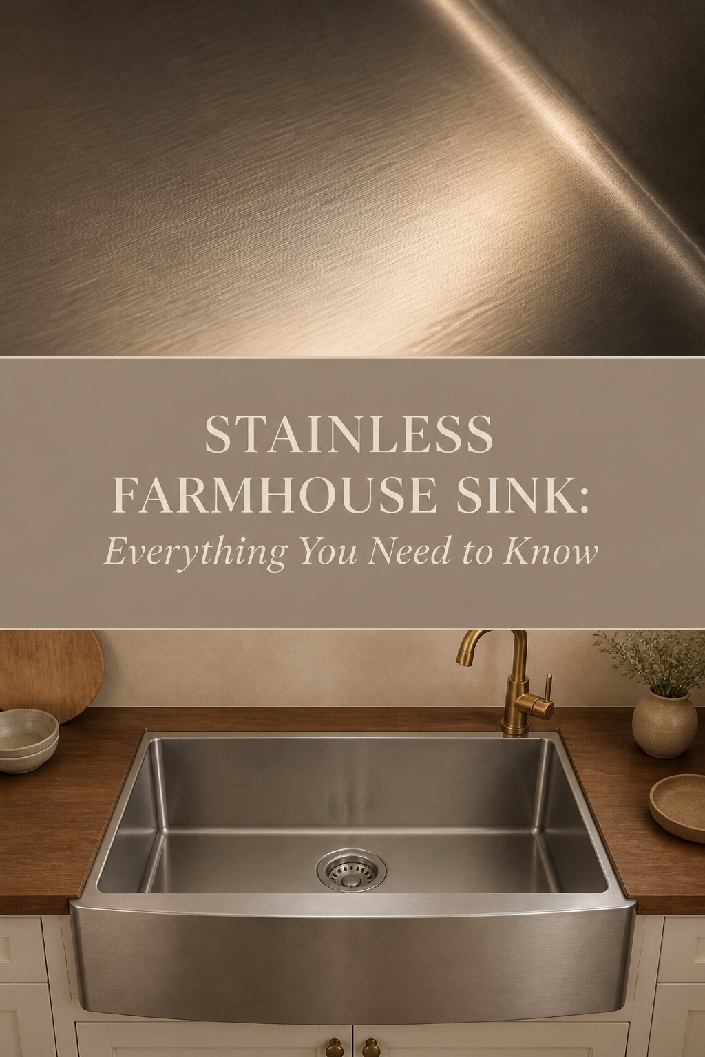 Pinterest guide to stainless steel farmhouse sinks showing brushed finish detail and apron-front sink styled in a warm kitchen