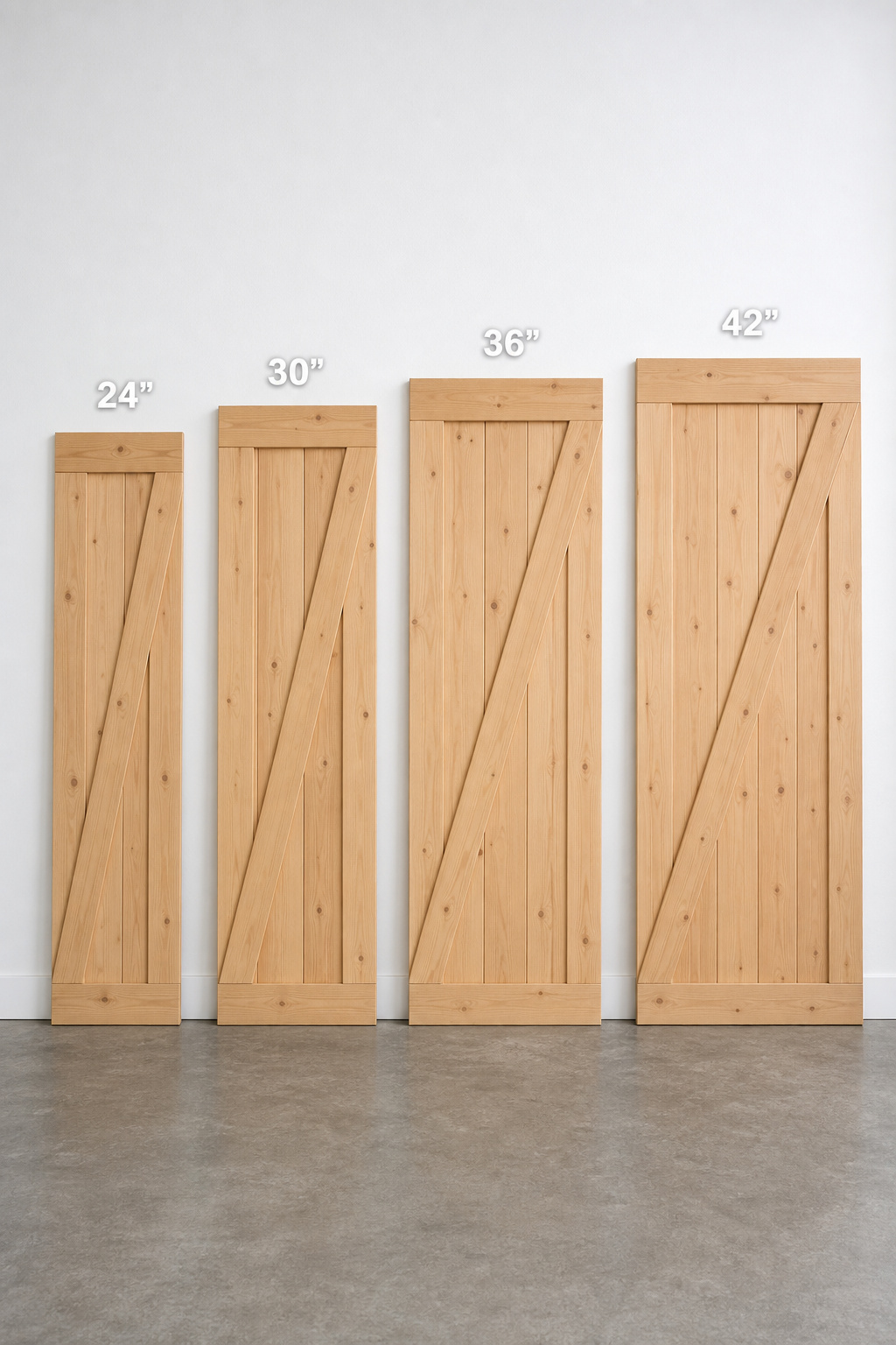 Four standard barn door widths (24in, 30in, 36in, 42in) arranged side by side to show size comparison, all in natural pine plank-and-batten farmhouse style