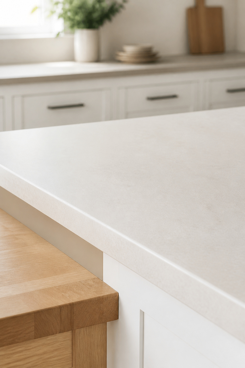 Honed white quartz perimeter countertop with warm cream undertone alongside a maple butcher block island edge
