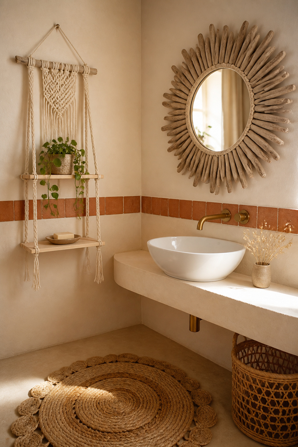 Boho bathroom corner showing a macrame shelf on one wall and a driftwood mirror above the sink on the adjacent wall, with layered jute bath mat