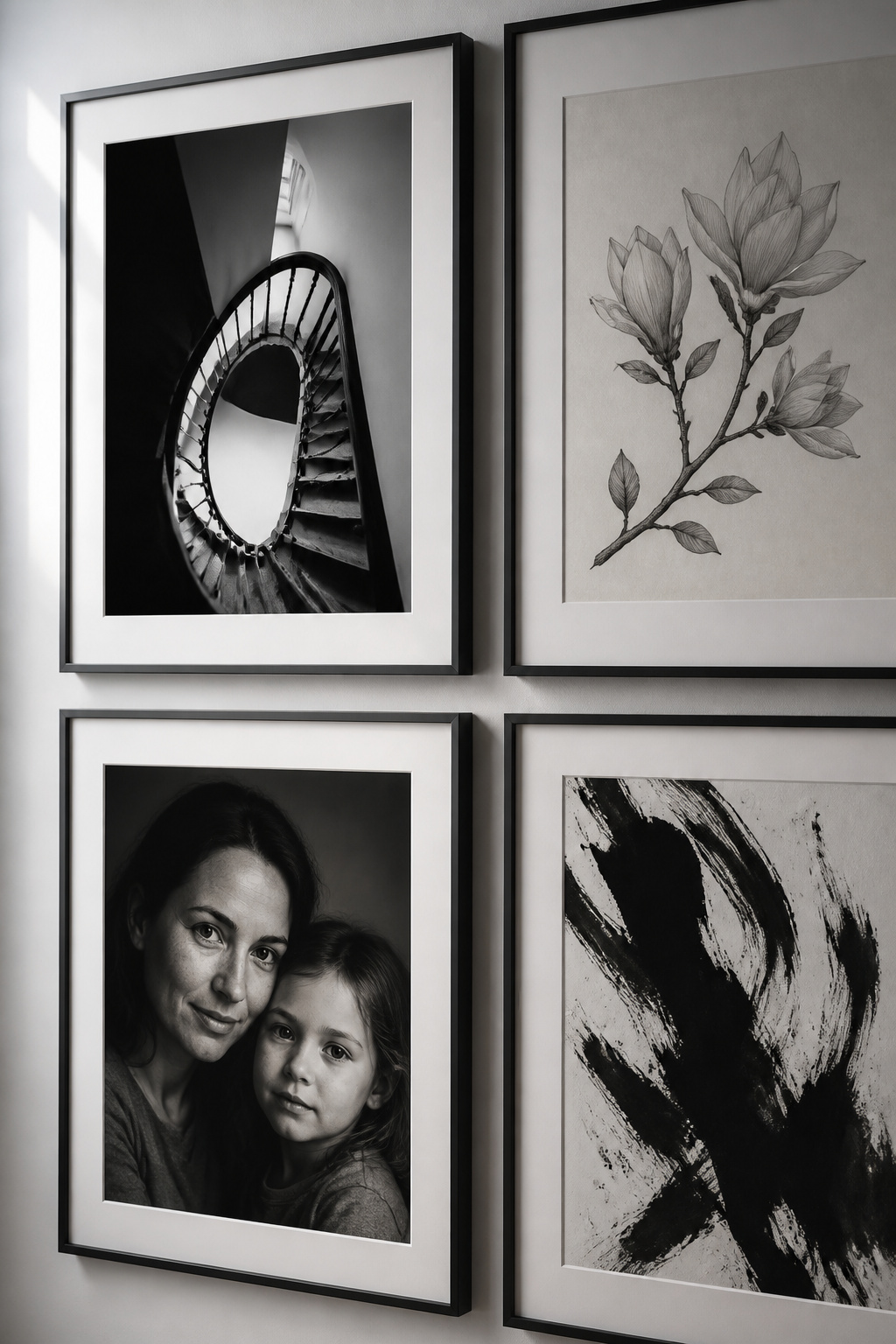 Four black and white prints in 2x2 arrangement showing architectural staircase, botanical magnolia, family portrait, and abstract ink wash coexisting in monochrome gallery wall