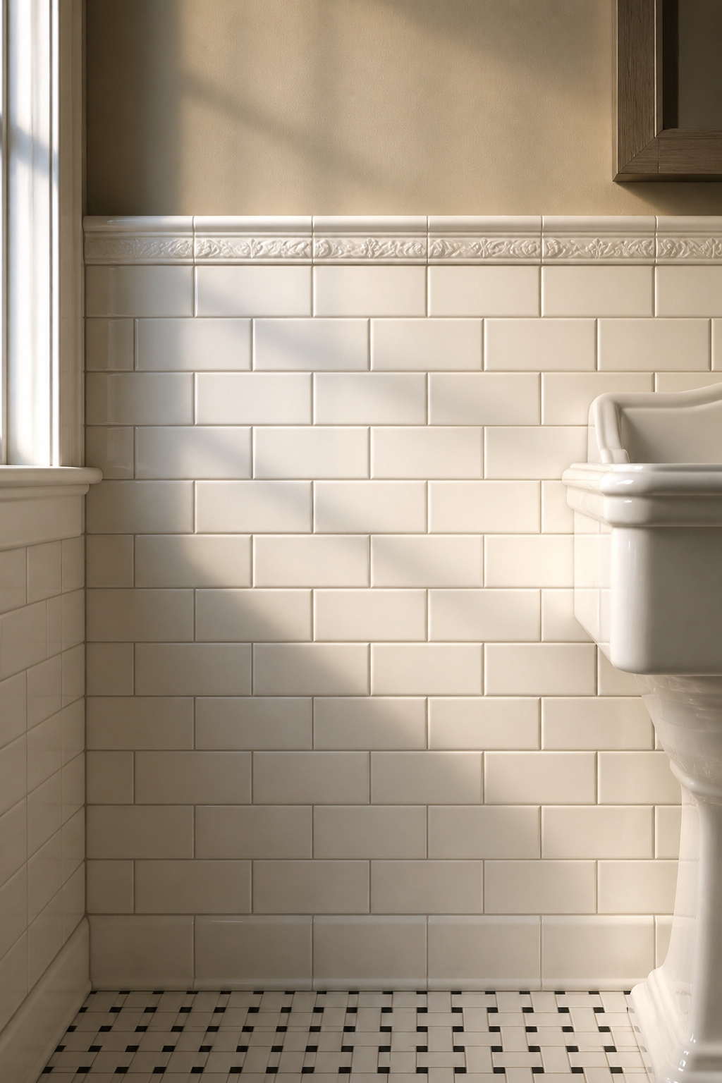 Period-accurate vintage bathroom subway tile wainscot in white 3x6-inch running bond with grey grout, topped by a decorative embossed rail