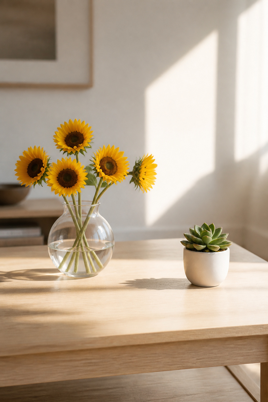 A clear glass vase with loose sunflower stems and a white ceramic succulent pot on a bare birch coffee table — a minimal, airy summer coffee table decor arrangement