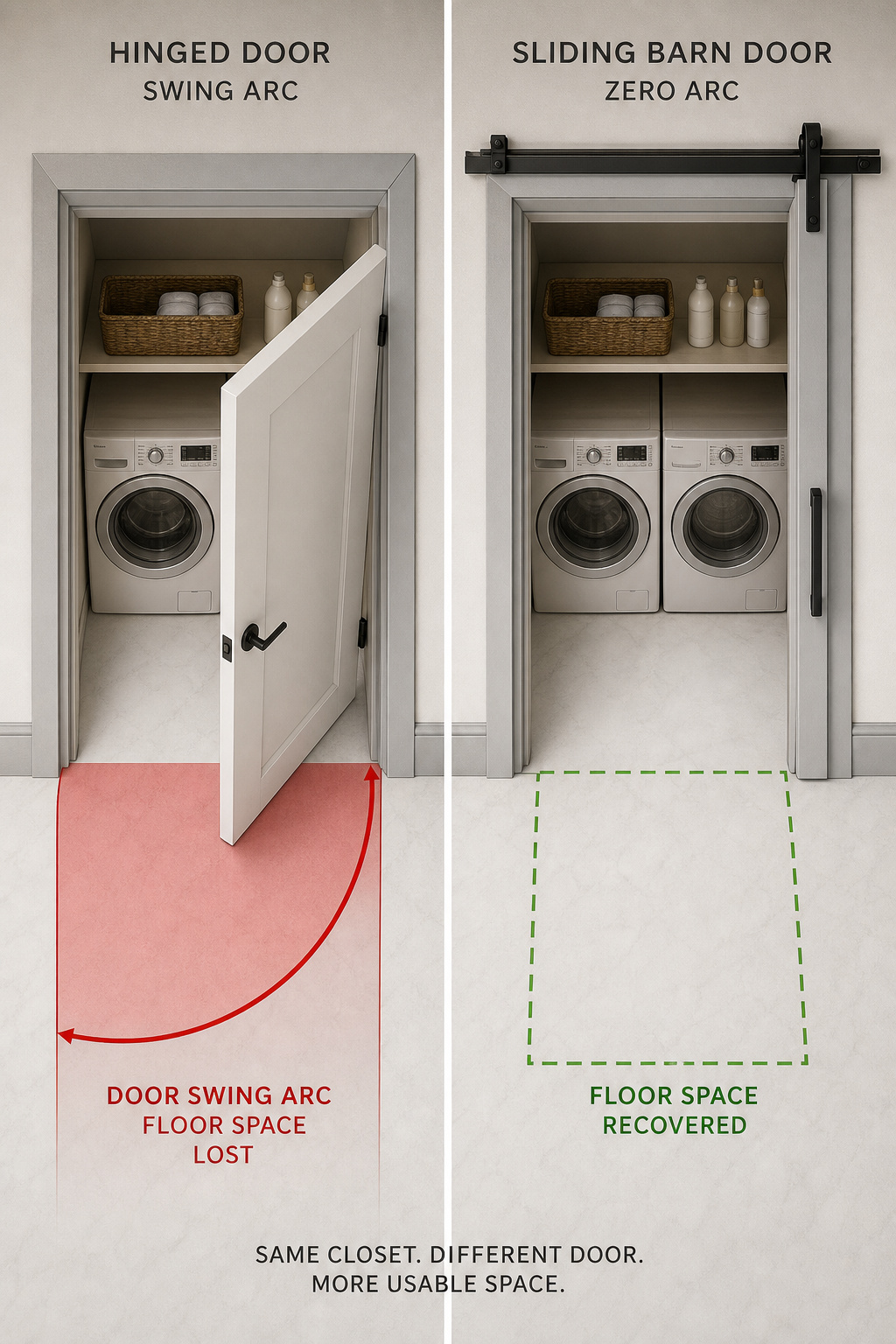 Top-down comparison showing the floor space consumed by a swing door arc versus zero clearance needed by a sliding barn door