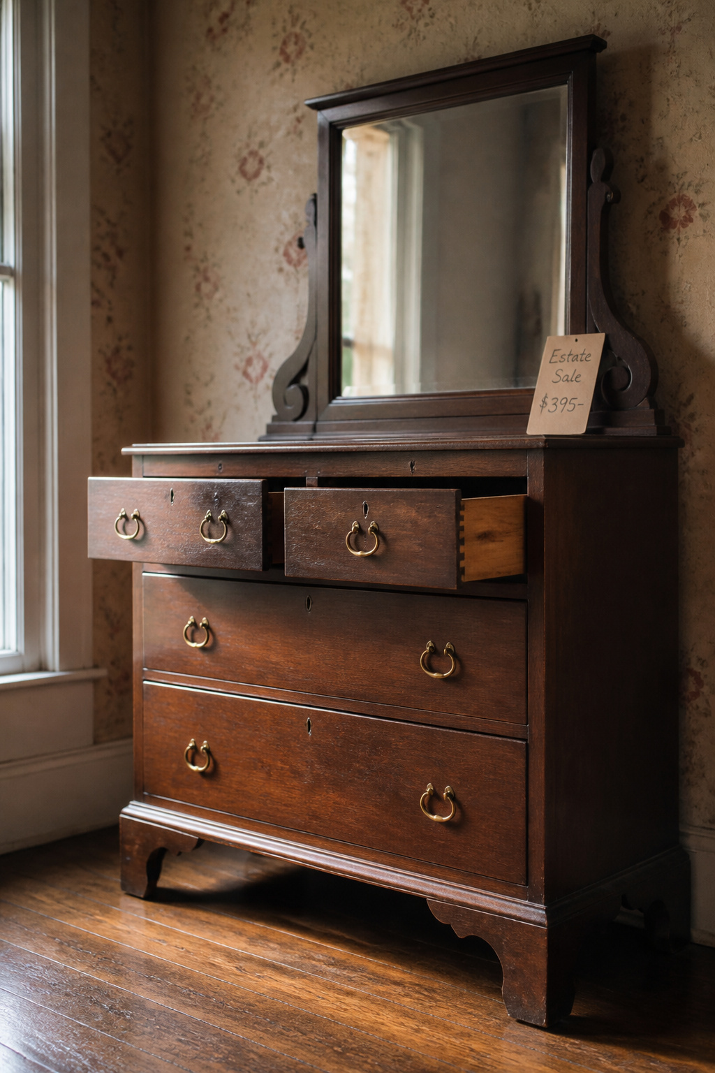 Solid walnut six-drawer dresser with original brass bail pulls and visible dovetail joinery, photographed in natural light at an estate sale