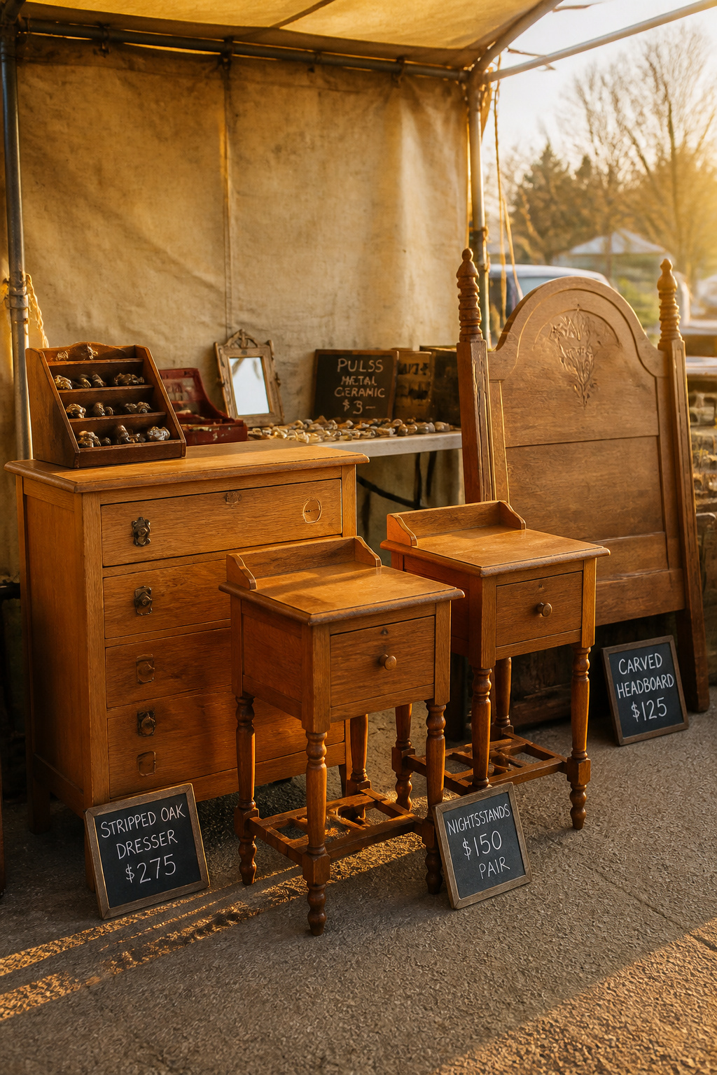 Outdoor flea market booth in early morning light showing a pair of nightstands, a stripped oak dresser, and a carved headboard with chalk price signs