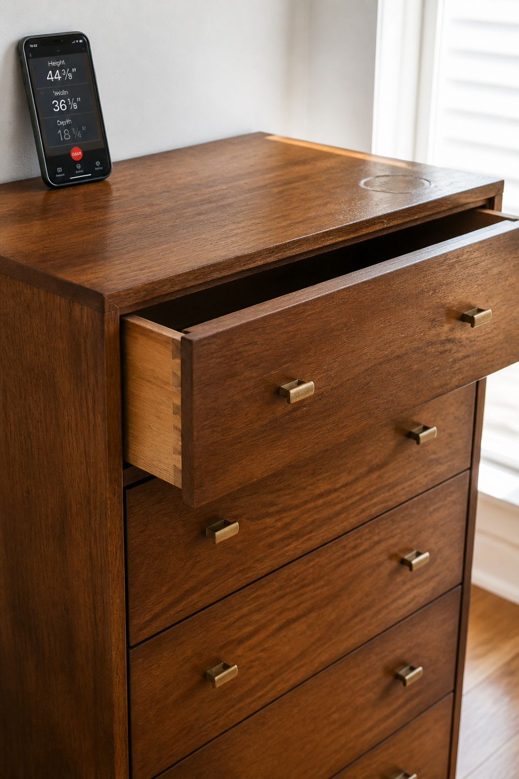 Mid-century walnut dresser with brass pulls photographed in natural light, top drawer open showing dovetail joinery, a small honest water ring visible on the top surface