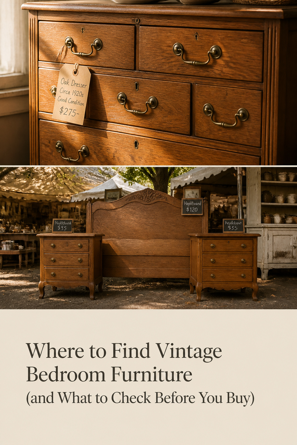 Pinterest collage showing a vintage oak dresser with brass pulls and a flea market booth of wooden nightstands and headboards, with text overlay space