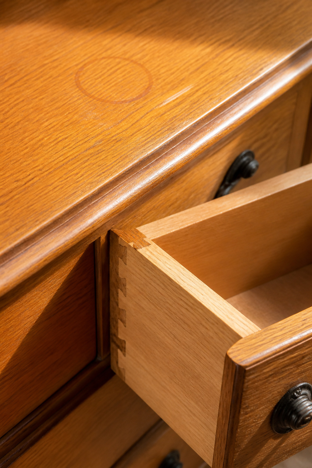 Vintage dresser drawer pulled out to reveal dovetail joinery at the corner, beside the dresser top showing a surface water ring and a scratch in the finish