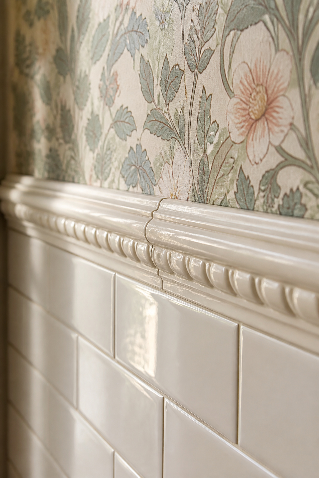 Decorative border tile capping white subway tile wainscot with period floral wallpaper beginning above in a vintage bathroom