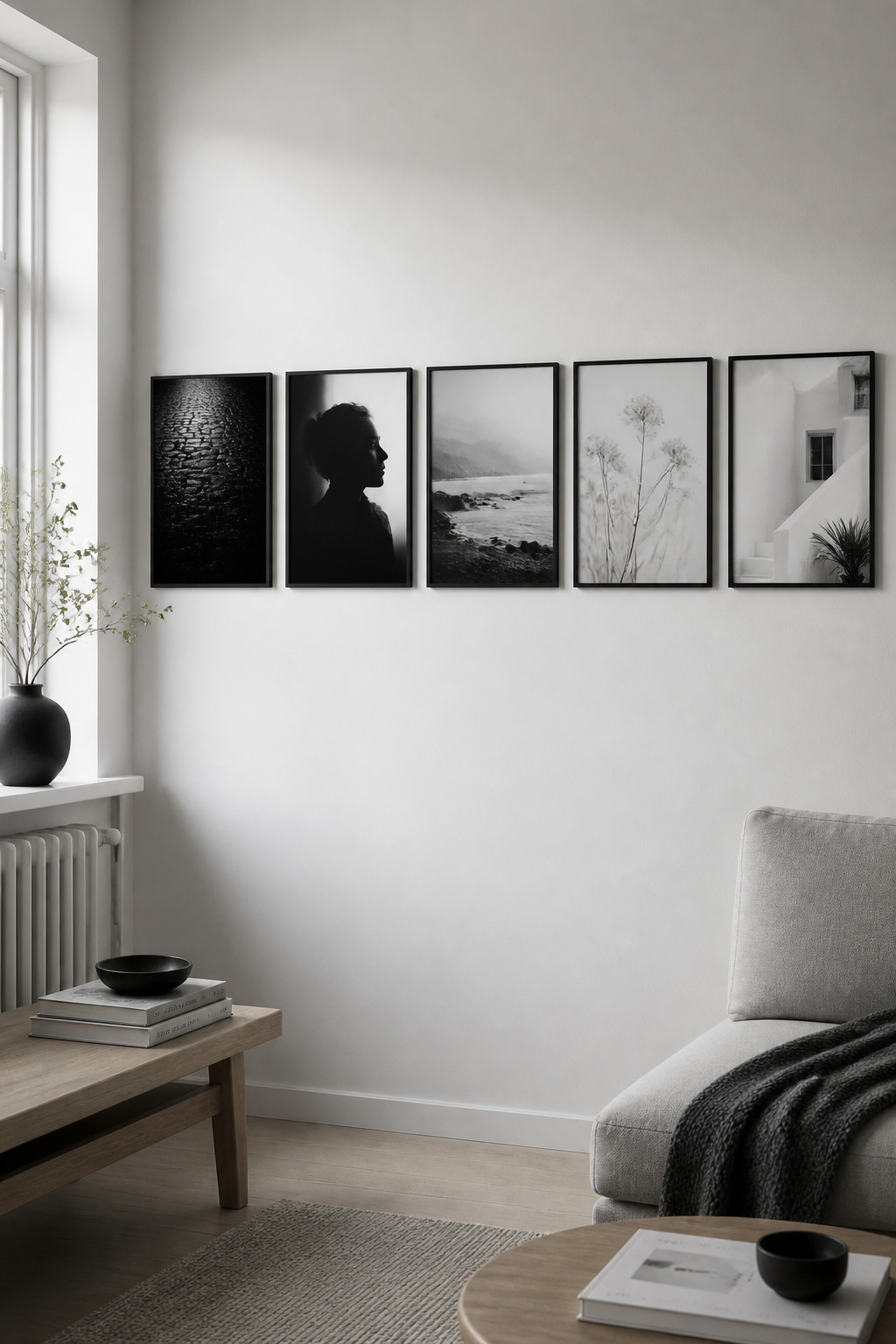 Five black and white prints in a row showing deliberate tonal range distribution from near-black on the left through mid-greys to near-white on the right