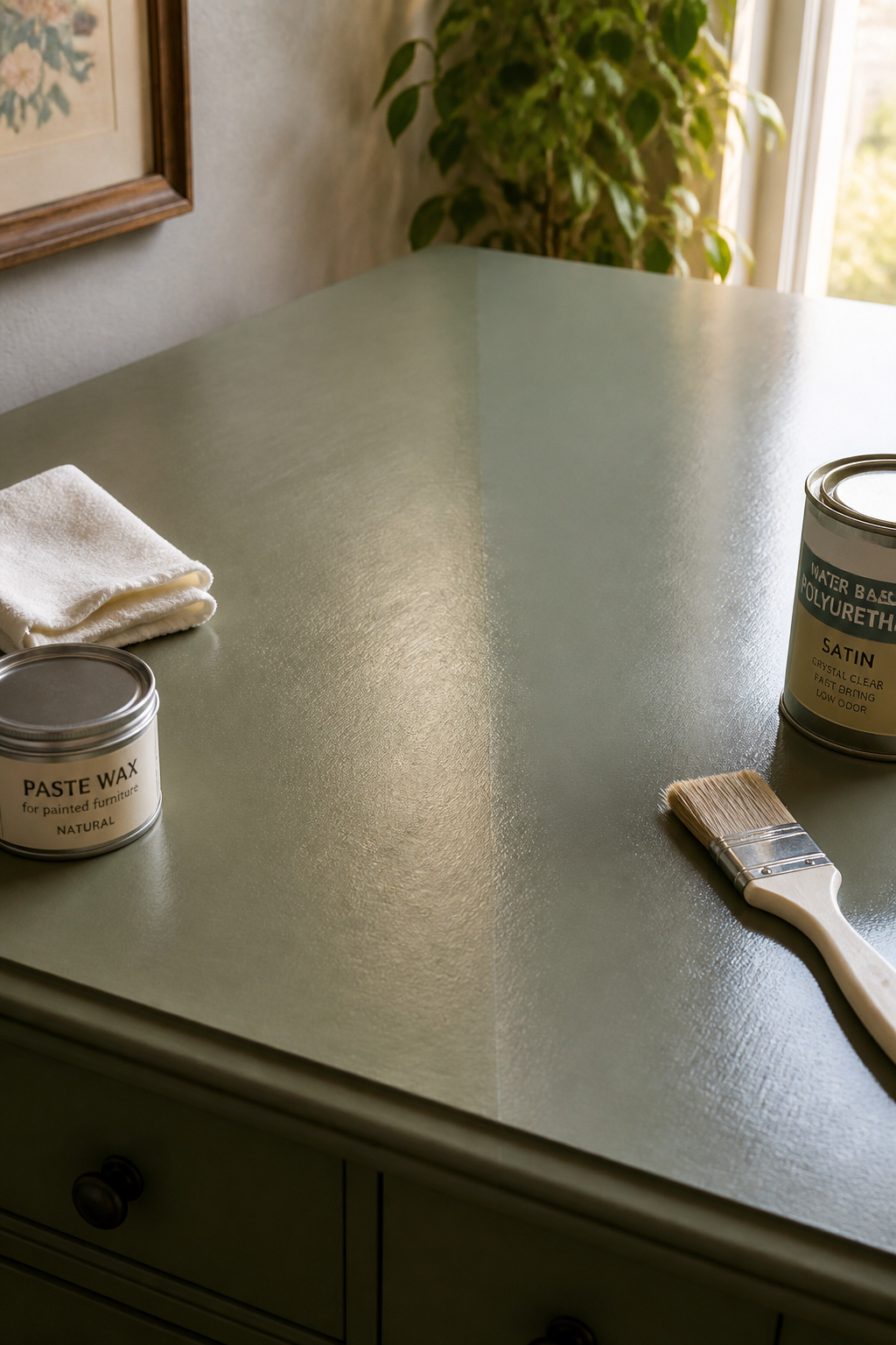 Painted sage-green dresser top surface showing the difference between paste wax finish on the left and water-based polyurethane on the right under raking light