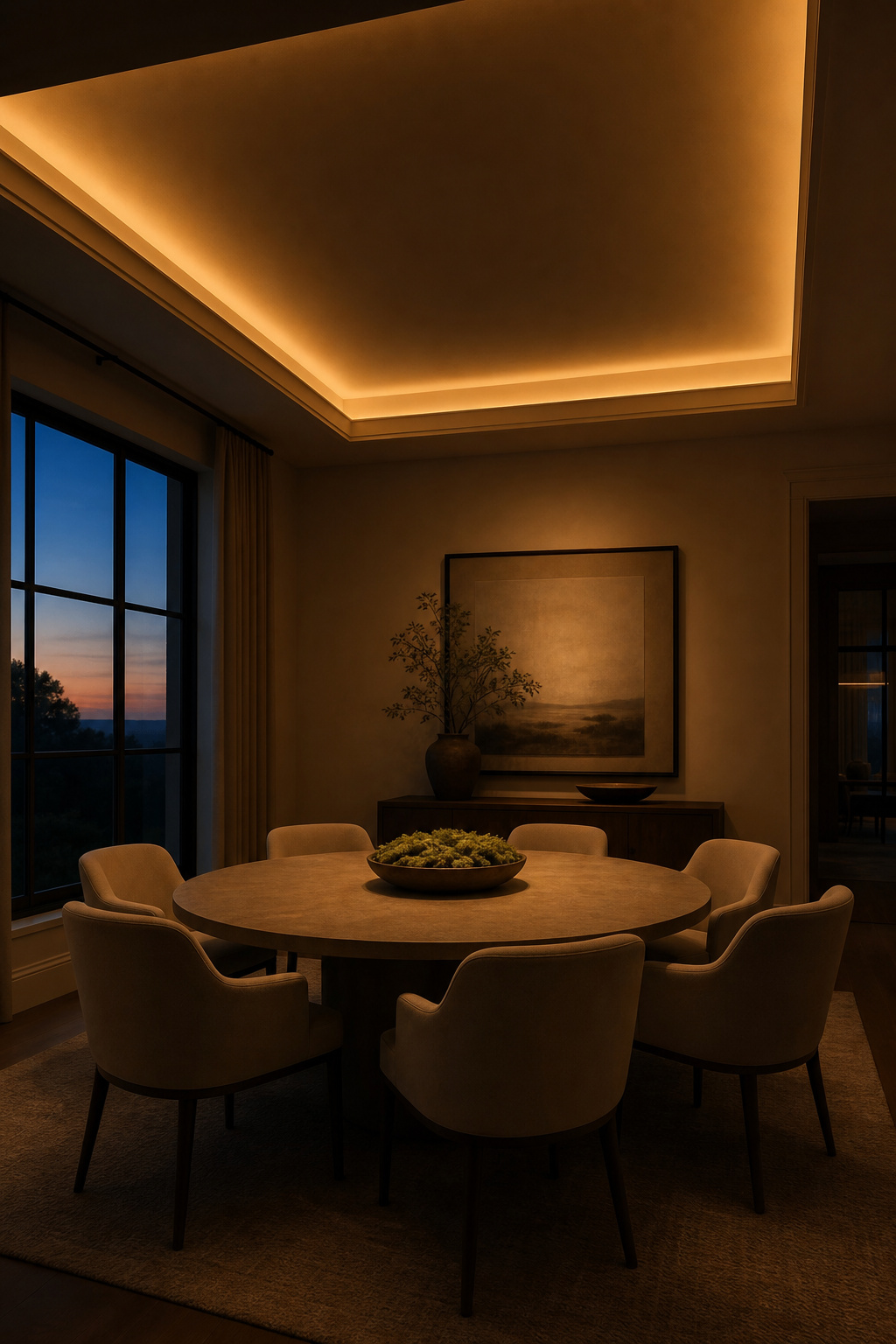 Dining room with cream tray ceiling and warm amber LED cove lighting casting a halo glow at the perimeter