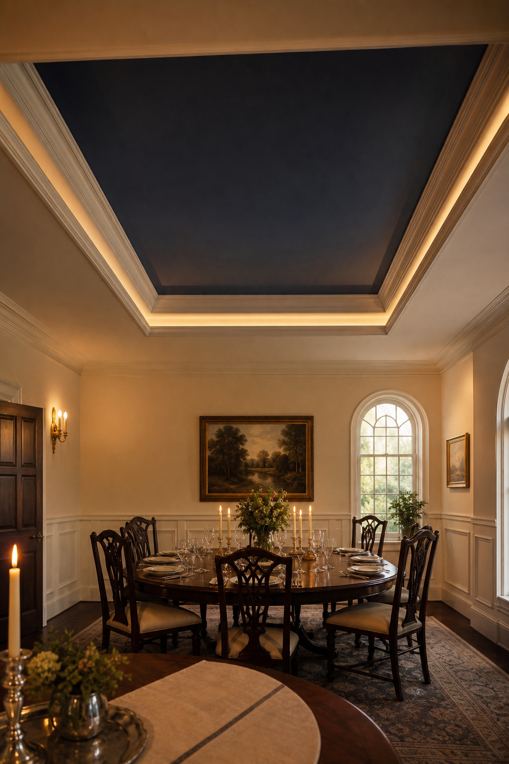 Tray ceiling with dark navy recessed centre field and warm LED cove lighting above a formal oval dining table with candles and linen runner