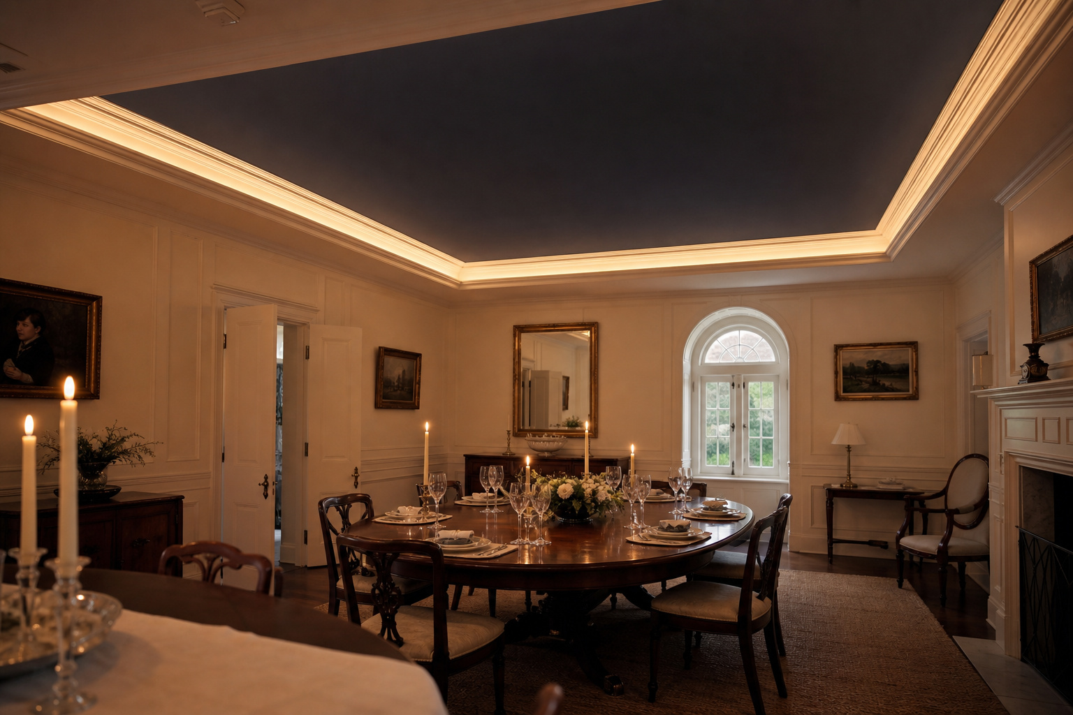 Tray ceiling with dark navy recessed centre field and warm LED cove lighting above a formal oval dining table with candles and linen runner