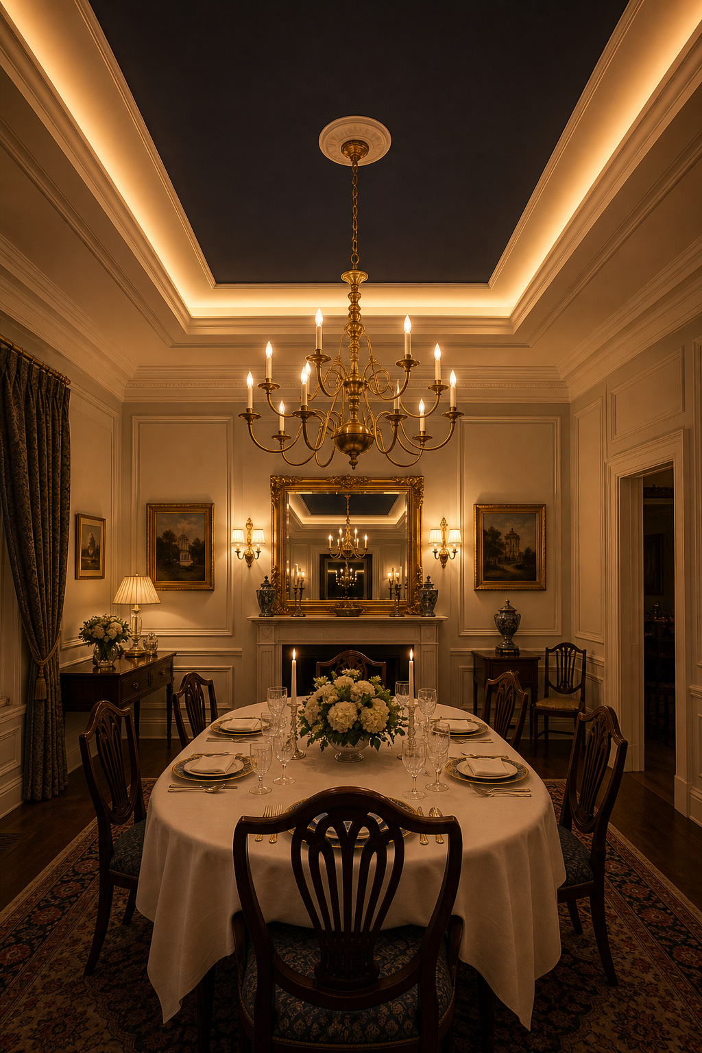 Formal dining room at evening with navy tray ceiling centre field, warm LED cove glow, brass chandelier, and set oval table for six with crystal glassware and white linen