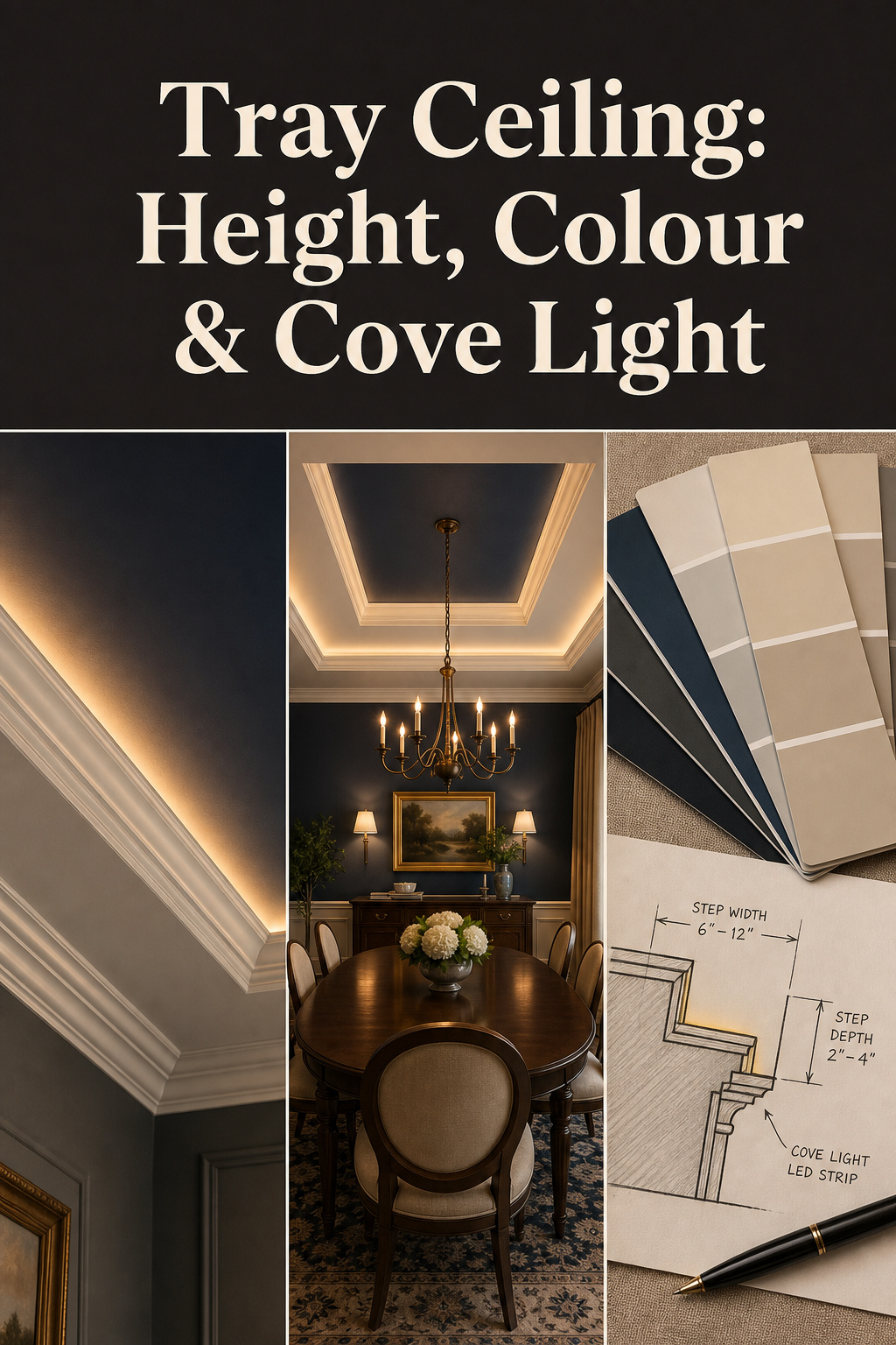 Three-panel Pinterest pin showing tray ceiling cove glow, full dining room view with chandelier, and colour swatches for tray ceiling painting with charcoal headline band
