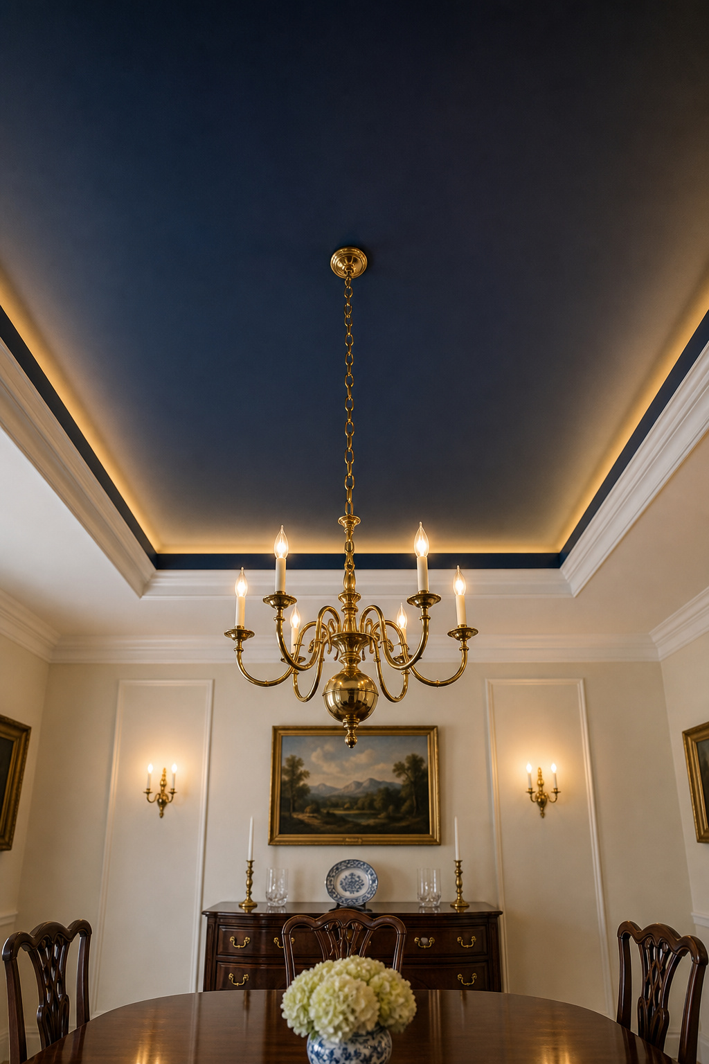 Tray ceiling recessed centre field in deep navy paint with crisp white crown moulding step and brass chandelier chain, viewed from dining table level with cream walls below