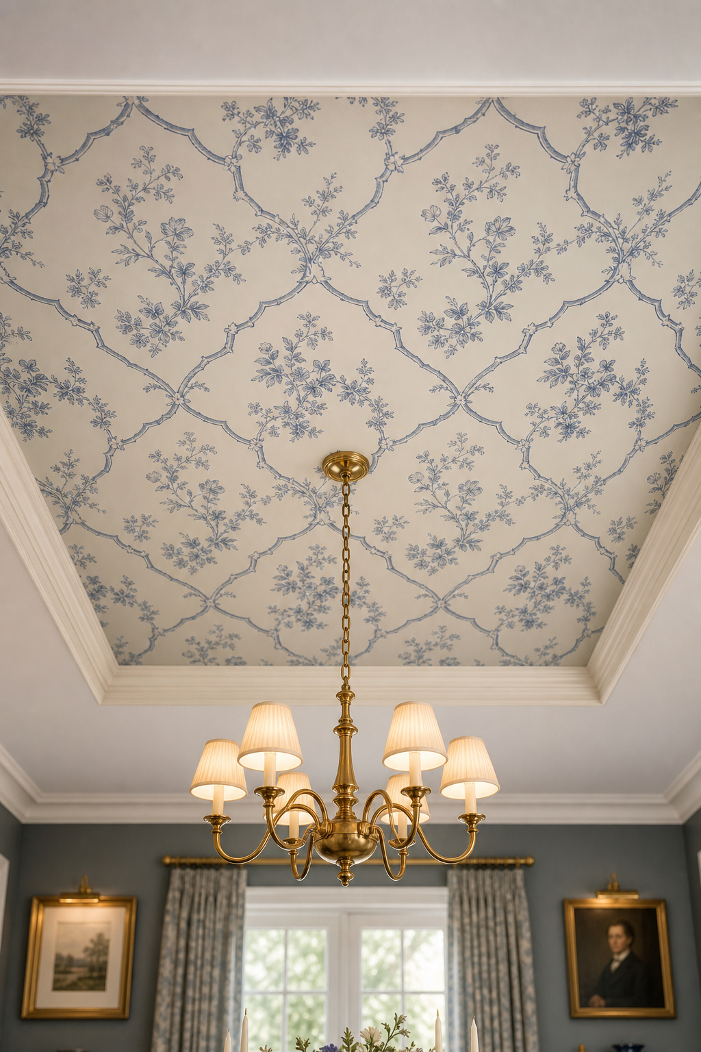 Overhead view of a tray ceiling recess papered in a trellis pattern in stone blue and off-white, with brass chandelier centred and white cornice step around the perimeter