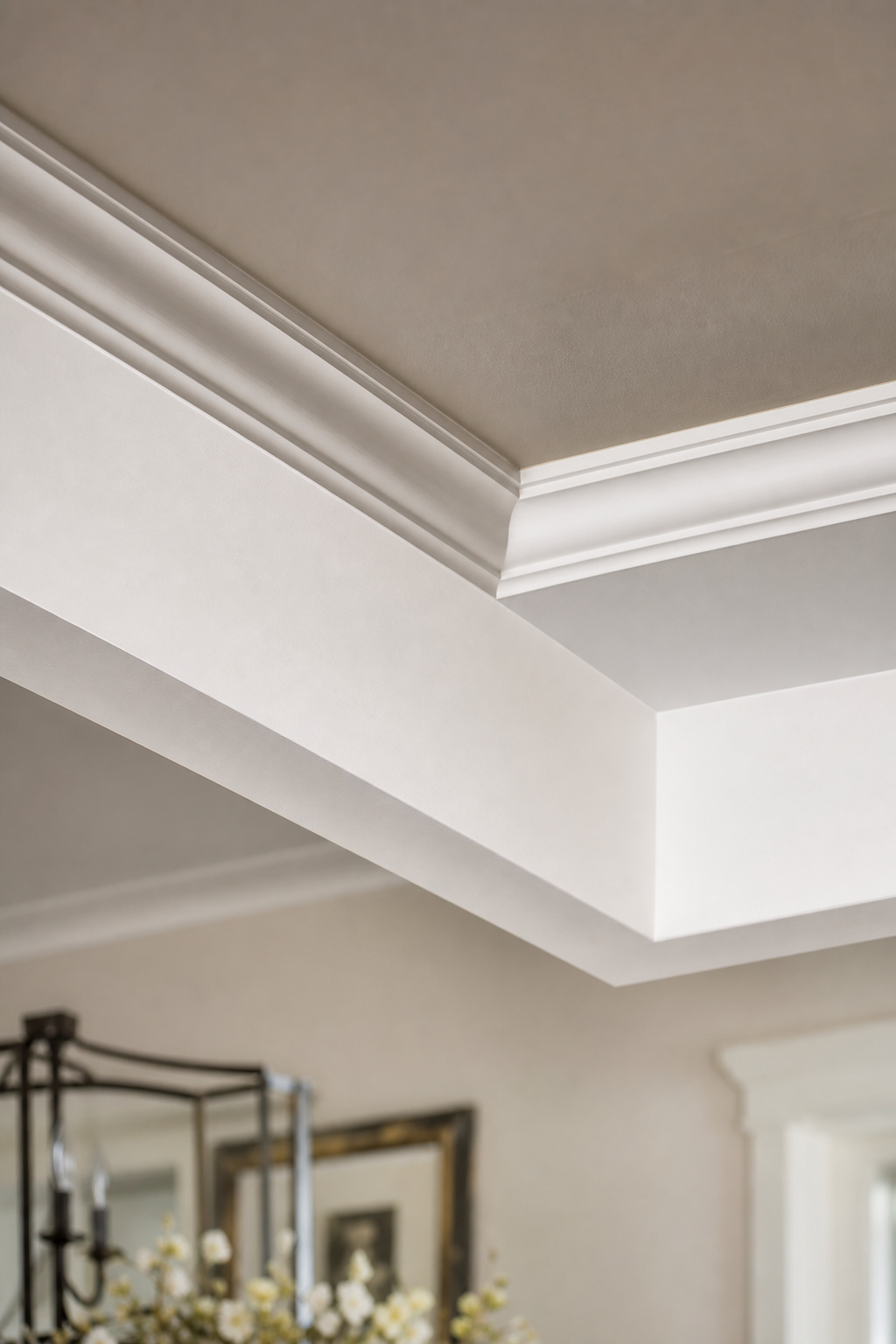 Close-up of tray ceiling step edge showing crown moulding profile, 12-inch soffit face, and greige recessed centre field with crisp shadow at the transition